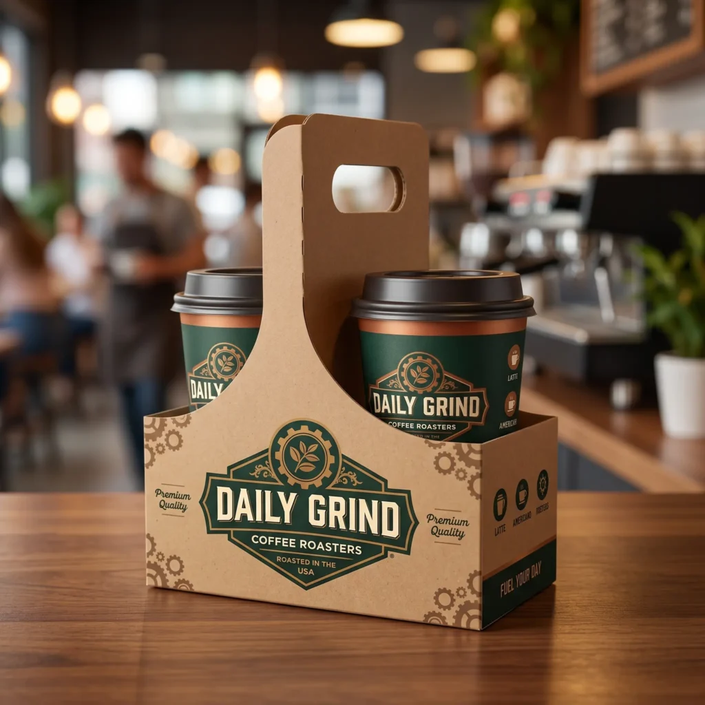 Daily Grind coffee packaging design with cardboard carrier holding two green branded coffee cups in modern cafe setting