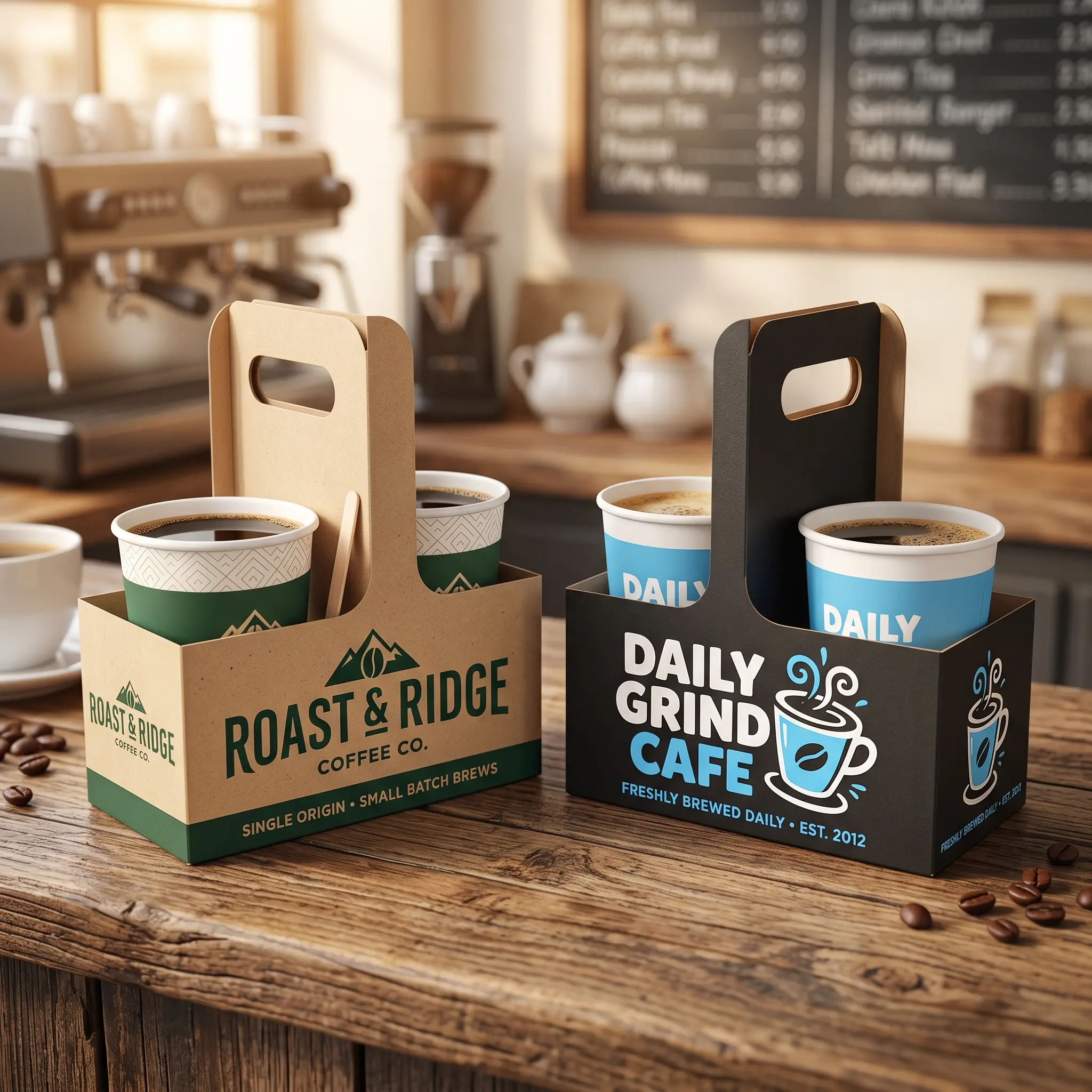 Coffee cup carriers displaying Roast & Ridge and Daily Grind Cafe branding on rustic wooden counter in warm cafe setting