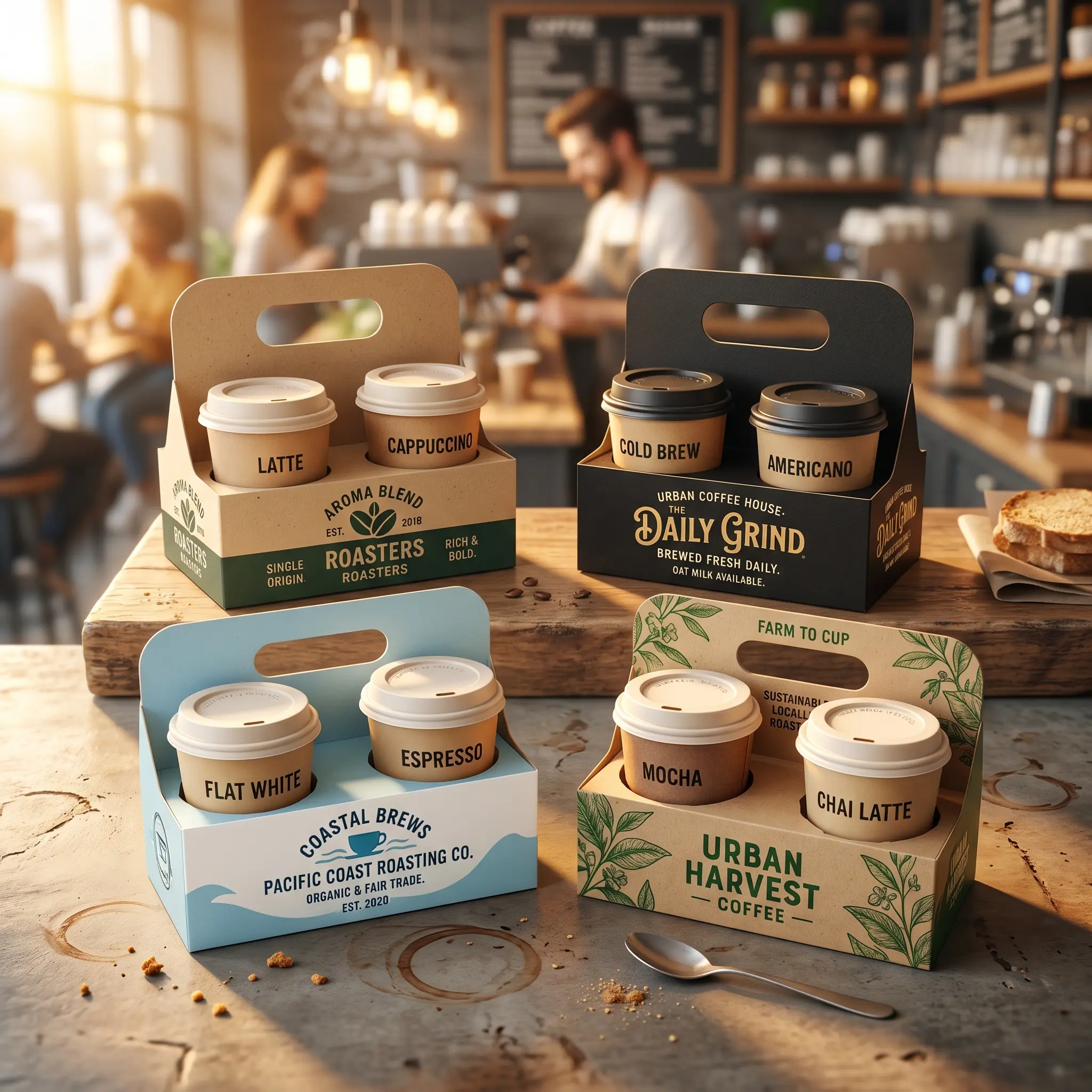 Coffee takeout carriers with branded cups on wooden table in warm cafe setting with baristas in background