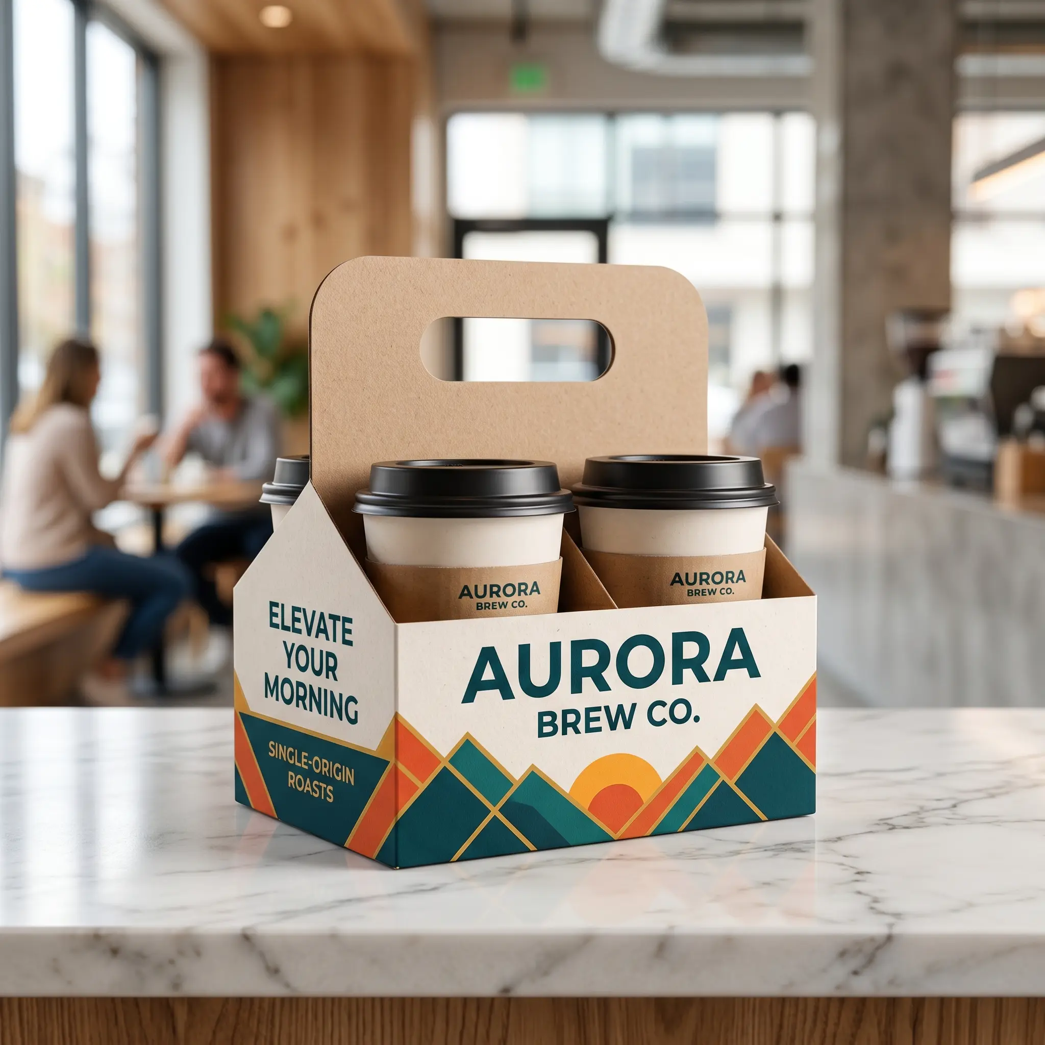 Aurora Brew Co coffee carrier packaging with two cups on marble counter in modern cafe interior, featuring mountain design and warm earth tones