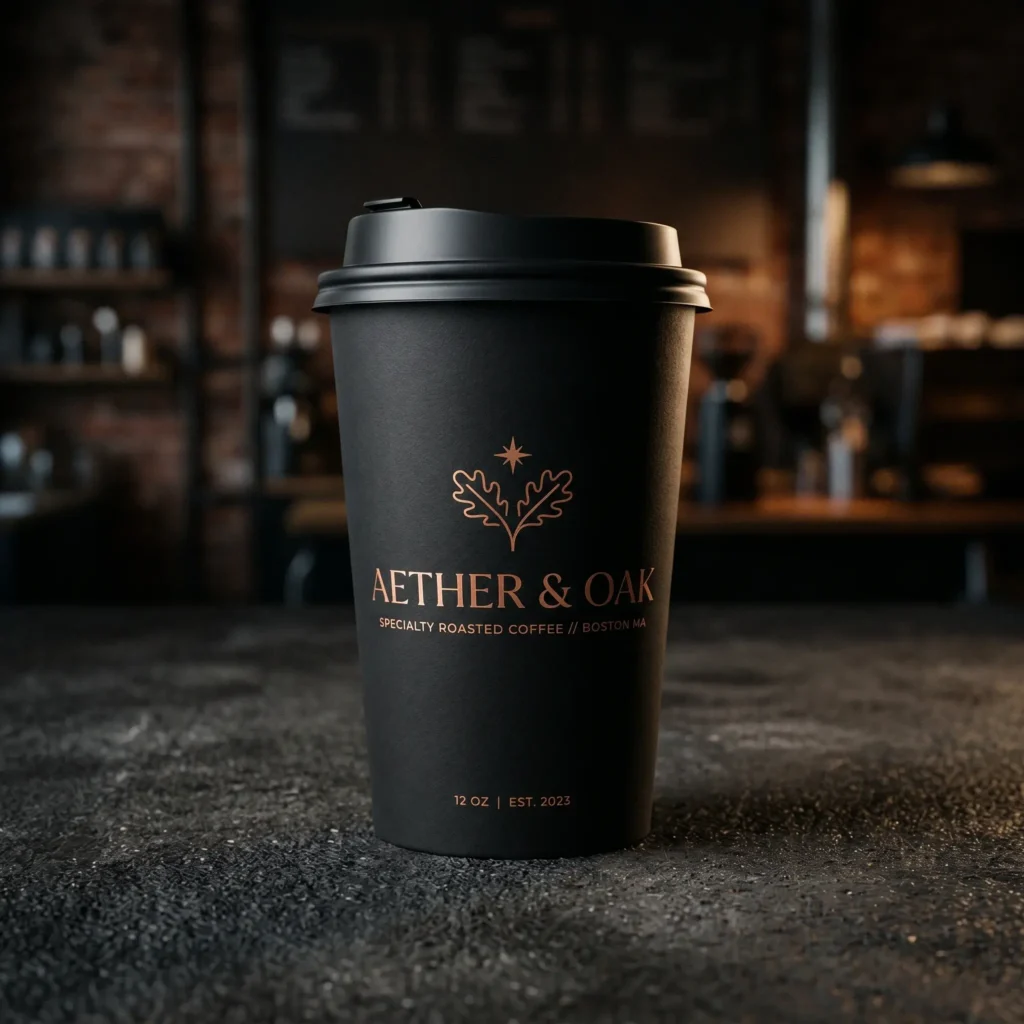 Black coffee cup with bronze Aether & Oak branding on textured surface in warm-lit specialty coffee shop interior