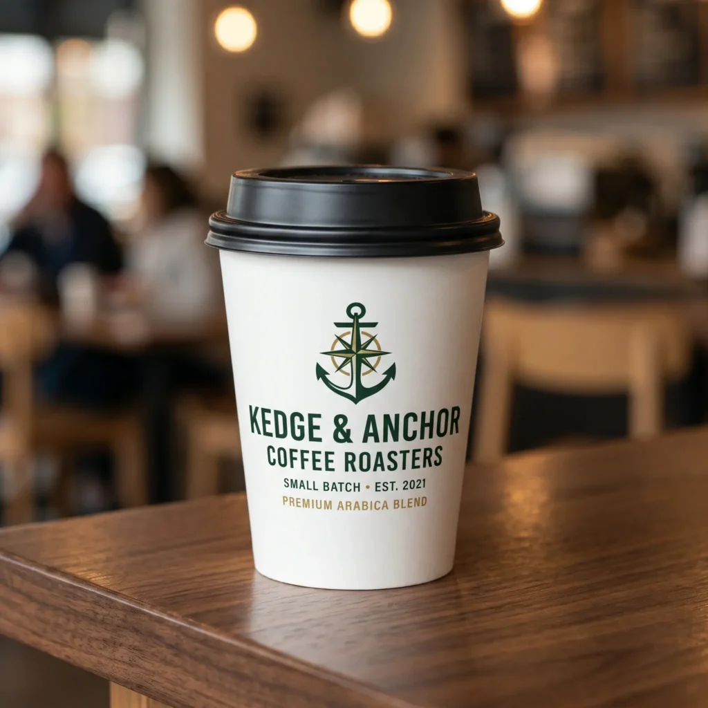 Coffee cup with Kedge & Anchor Coffee Roasters logo on wooden table in warm cafe setting with blurred background lights