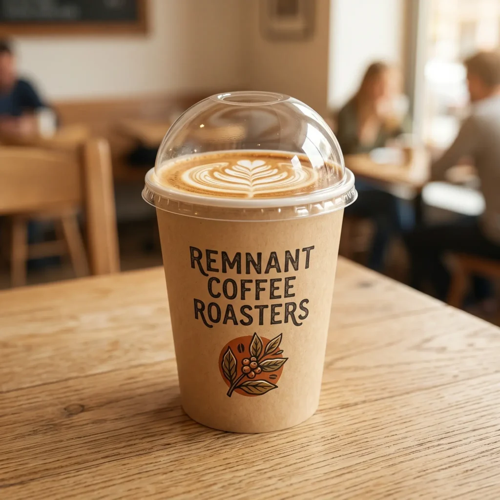 Coffee cup with dome lid featuring latte art on wooden table in cozy cafe, branded with Remnant Coffee Roasters logo and leaf design