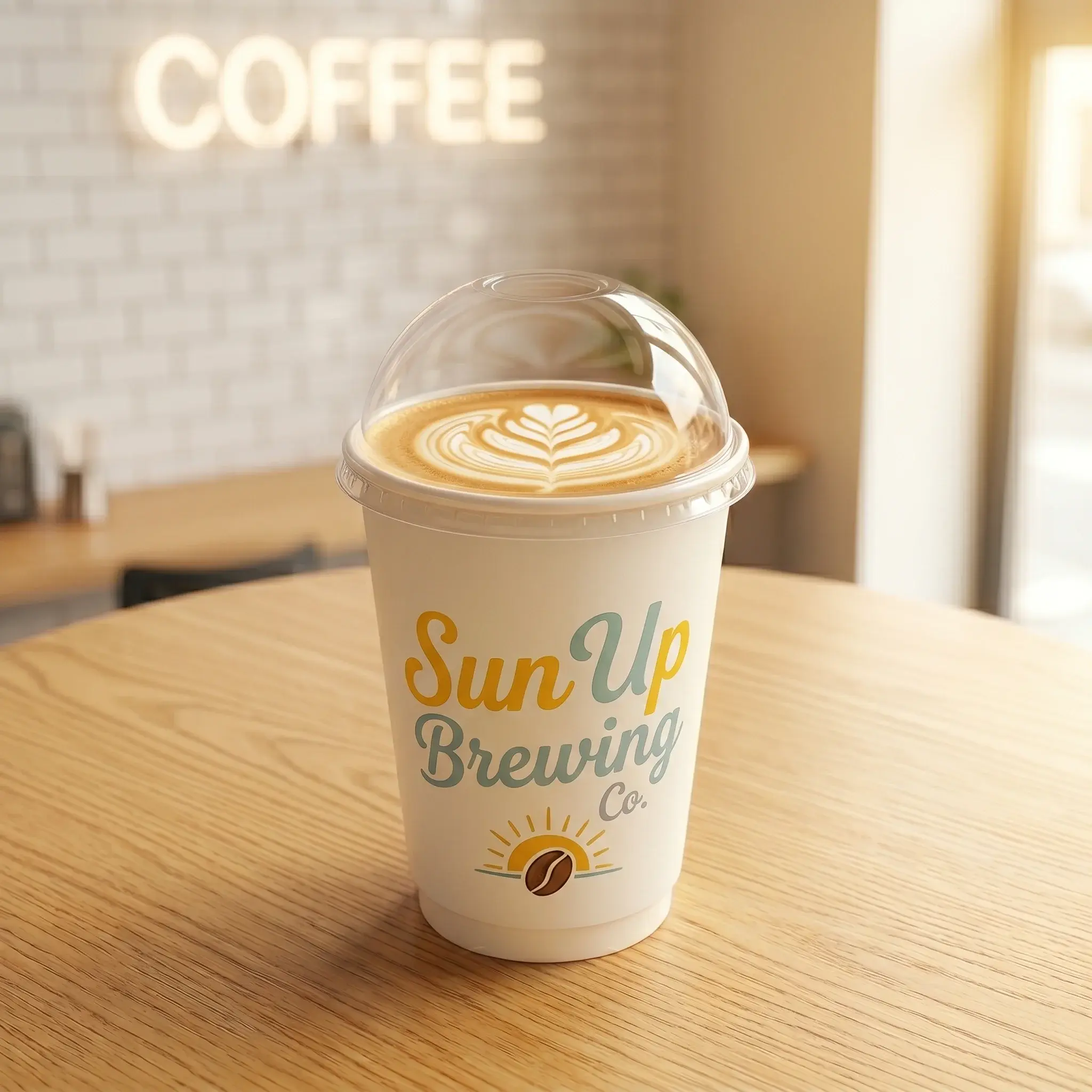 Sun Up Brewing Co branded coffee cup with clear dome lid and latte art on wooden table in warm modern cafe setting