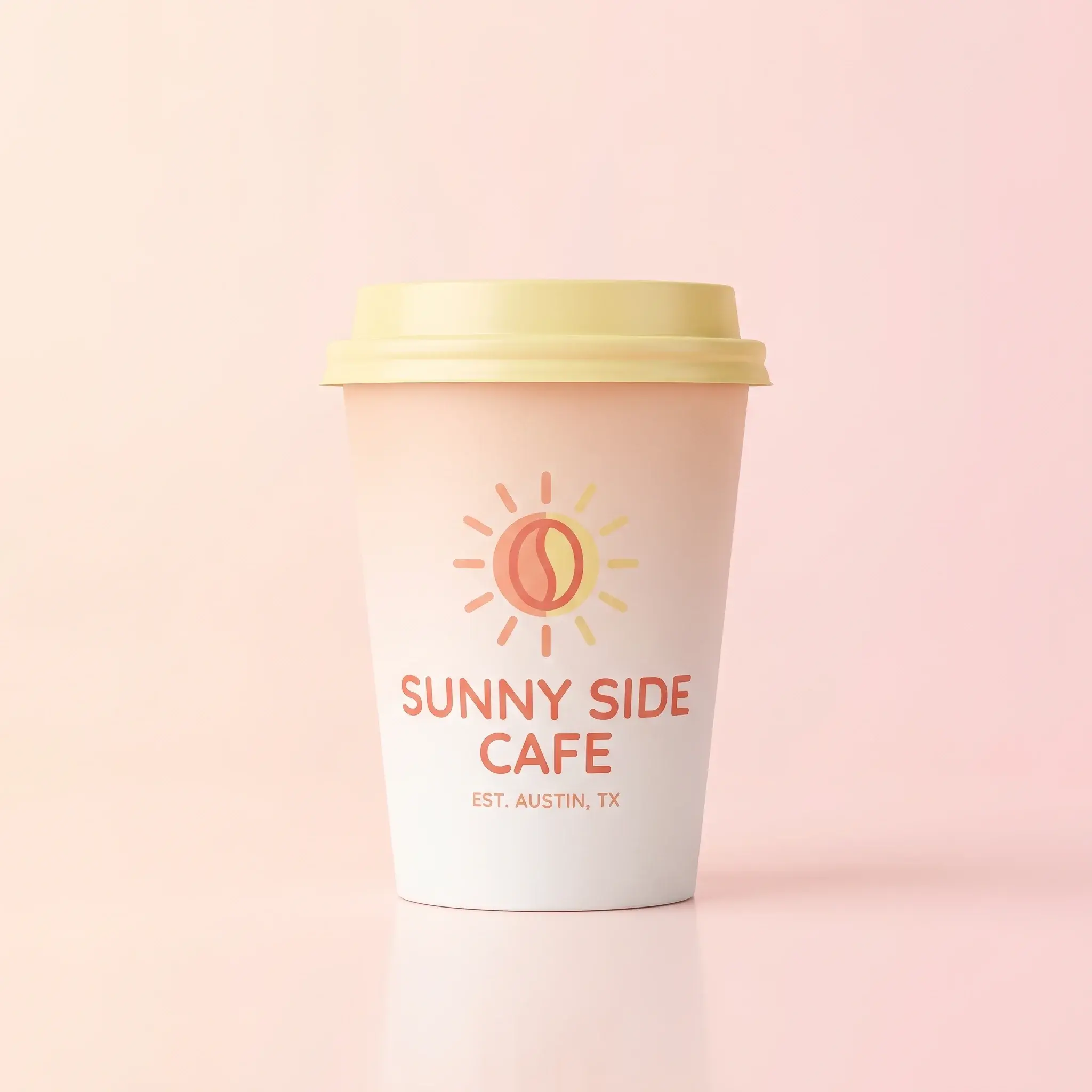 Coffee cup with sunny side cafe logo featuring coffee bean sun design in coral and yellow on pastel pink gradient background