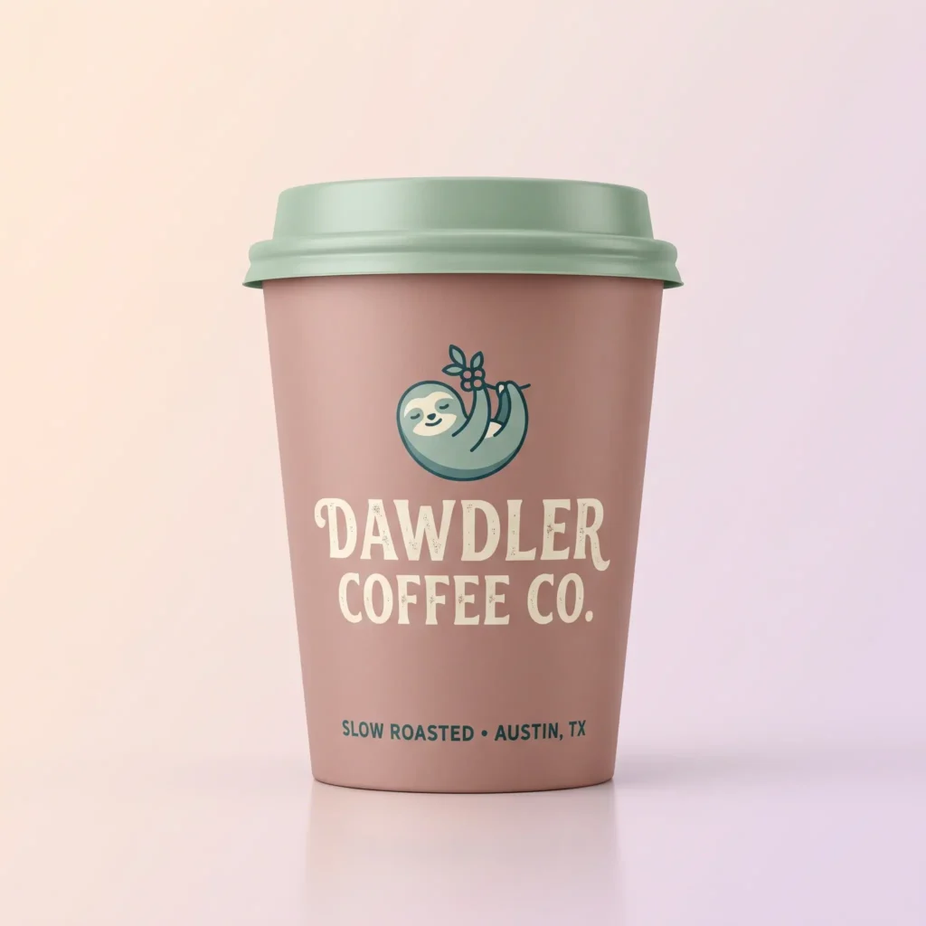 Pink coffee cup with green lid featuring Dawdler Coffee Co. sloth logo and Austin TX branding on gradient background