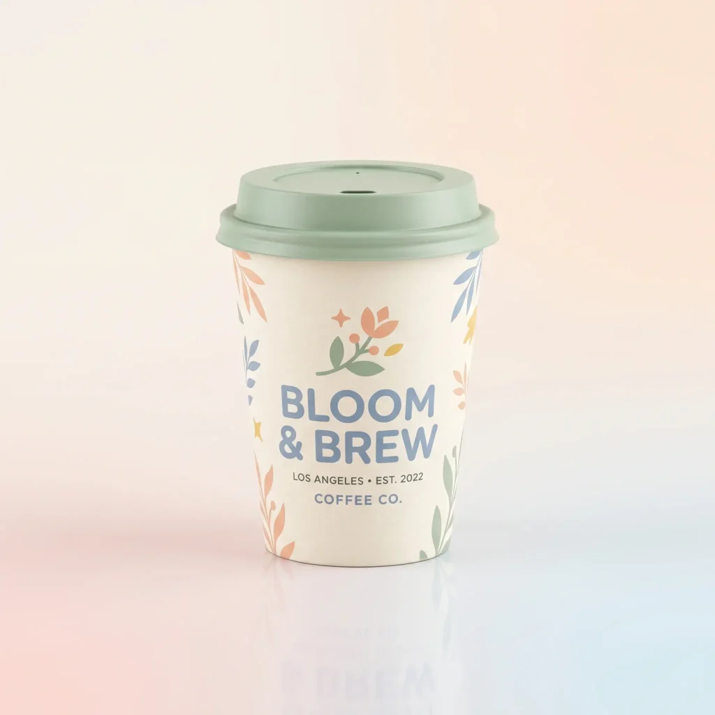 Bloom & Brew coffee cup with sage green lid and floral botanical pattern design on white takeaway cup