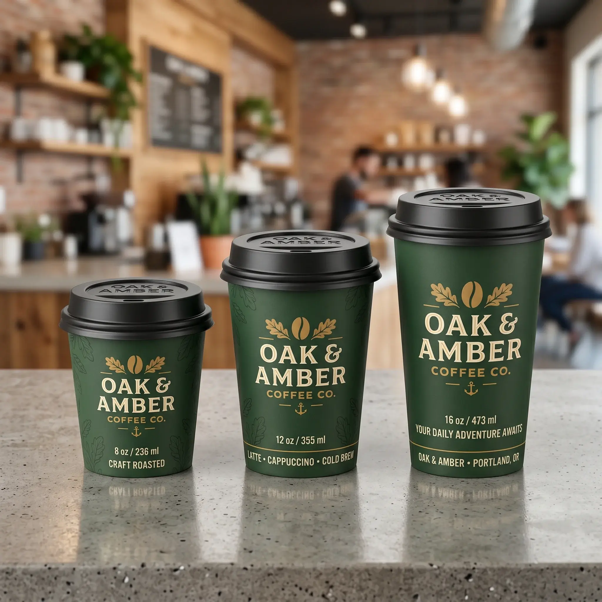 Three green Oak & Amber Coffee Co. branded cups in small, medium, large sizes on marble counter in modern coffee shop interior