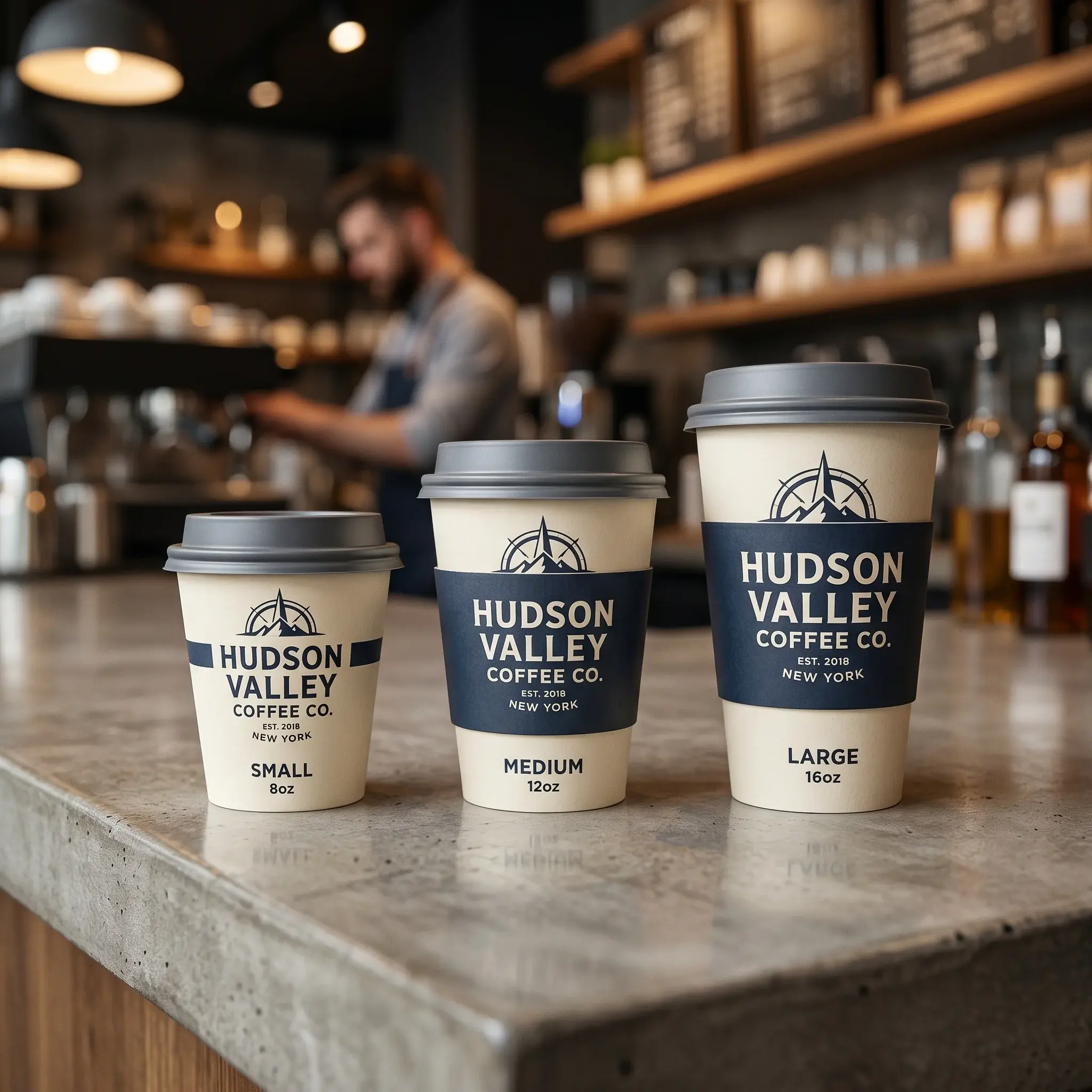 Three Hudson Valley Coffee Co. takeaway cups in small, medium, and large sizes with navy blue sleeves on marble counter in modern coffee shop with ...