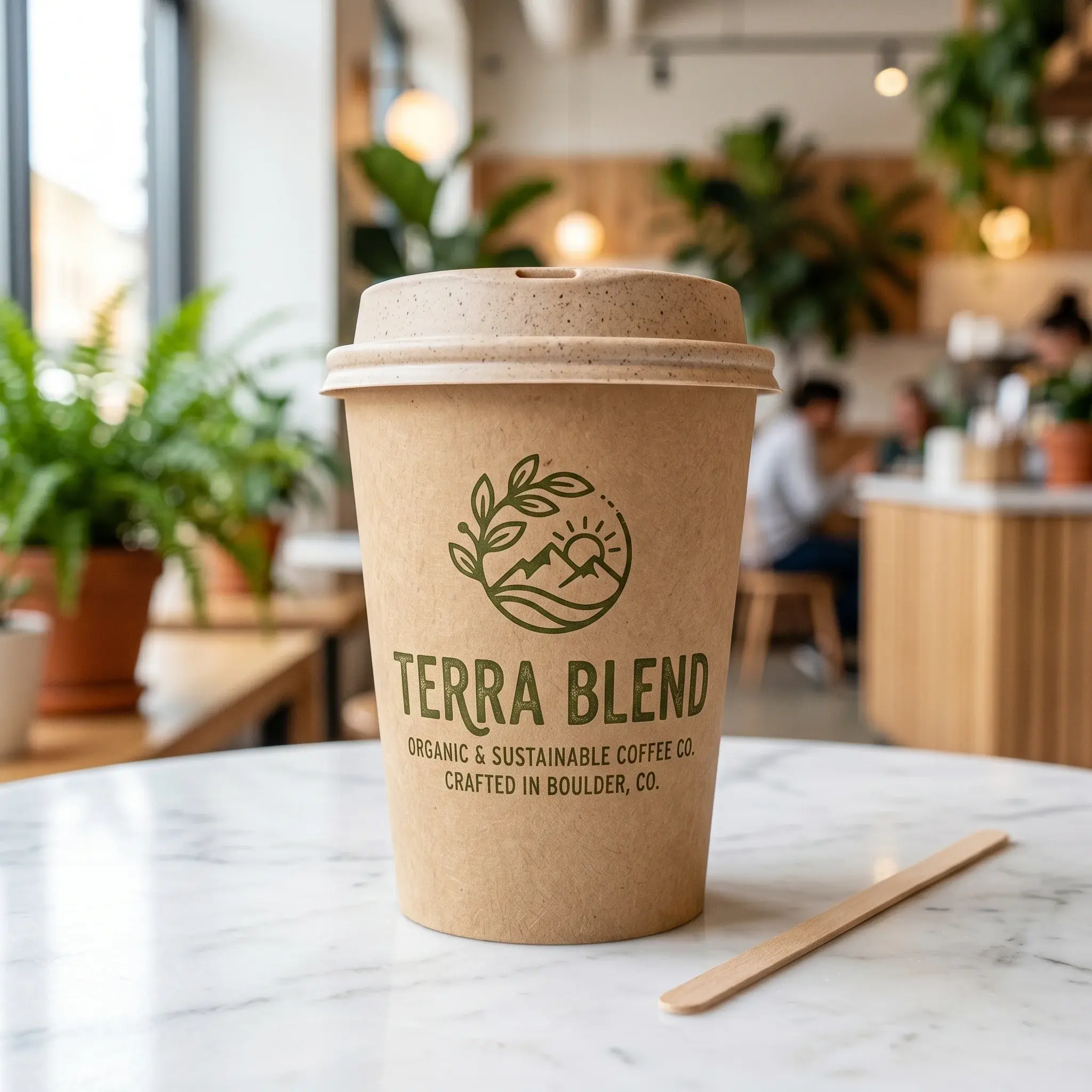 Biodegradable coffee cup with Terra Blend organic branding on marble table in bright cafe with plants and warm lighting