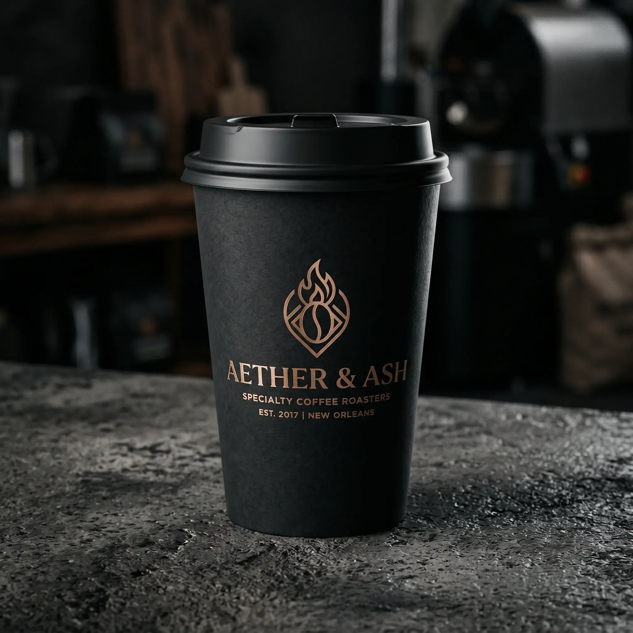Black coffee cup with copper Aether & Ash specialty coffee roasters logo on granite counter with blurred cafe background