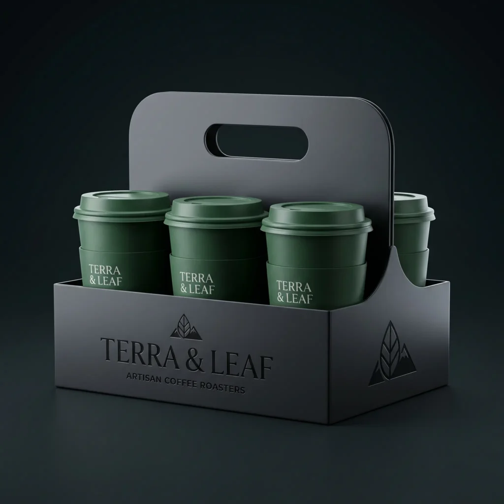 Professional coffee packaging design featuring Terra & Leaf green cups in gray cardboard carrier with handle on dark background