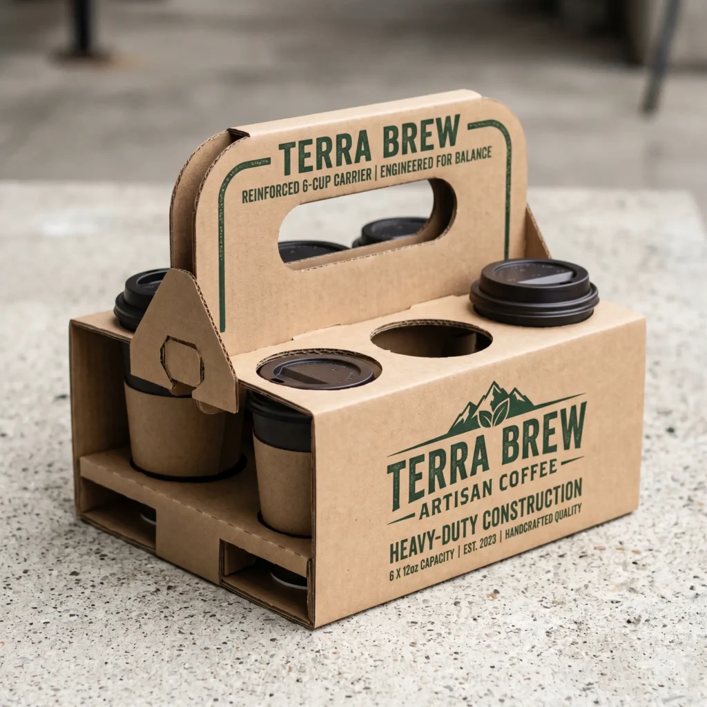 Terra Brew cardboard coffee carrier holding 6 black cups with lids on speckled concrete floor, sustainable packaging design