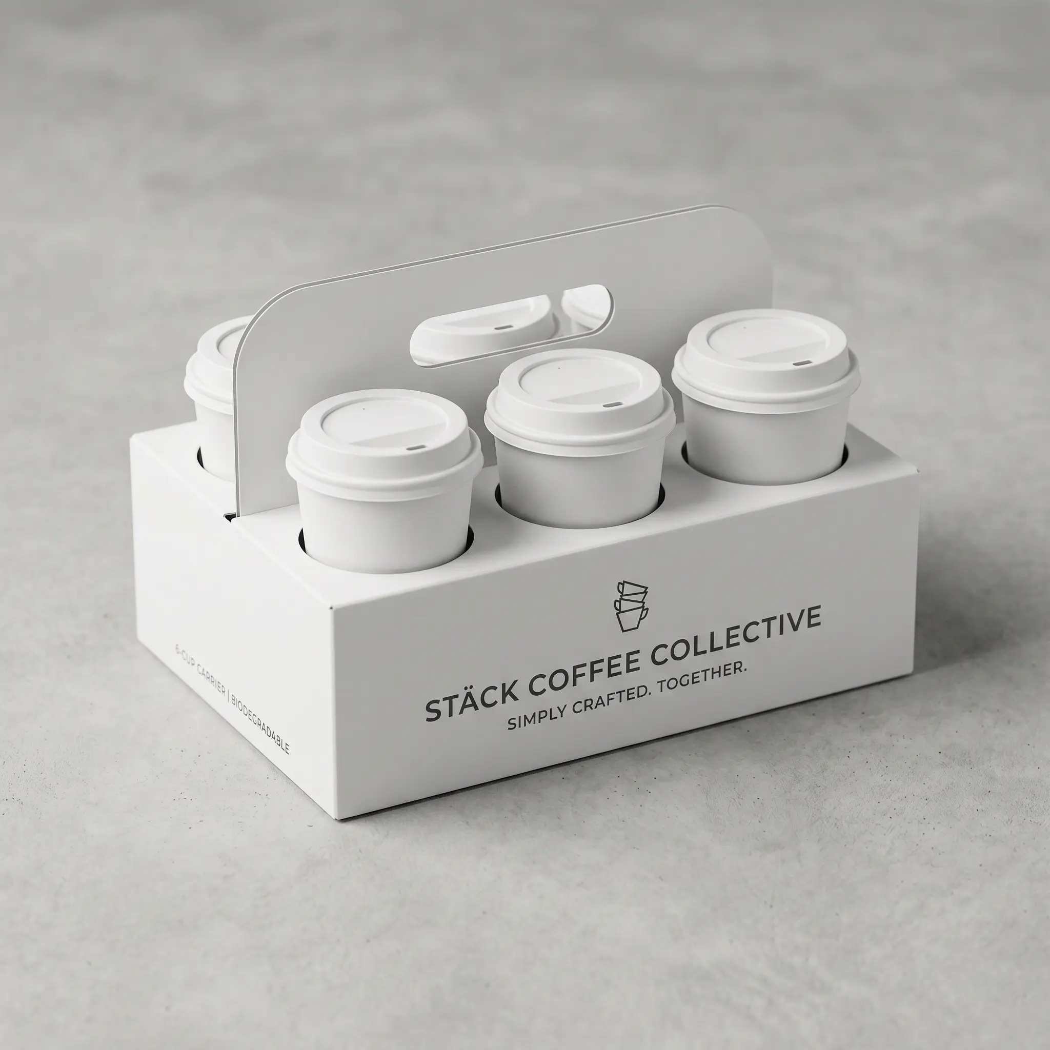 White cardboard coffee cup carrier holding four disposable cups with lids, featuring Stack Coffee Collective branding on minimalist packaging design