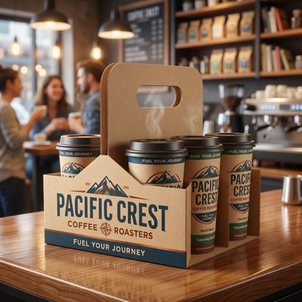 Pacific Crest Coffee Roasters cardboard carrier holding four coffee cups on wooden table in warm cozy cafe setting
