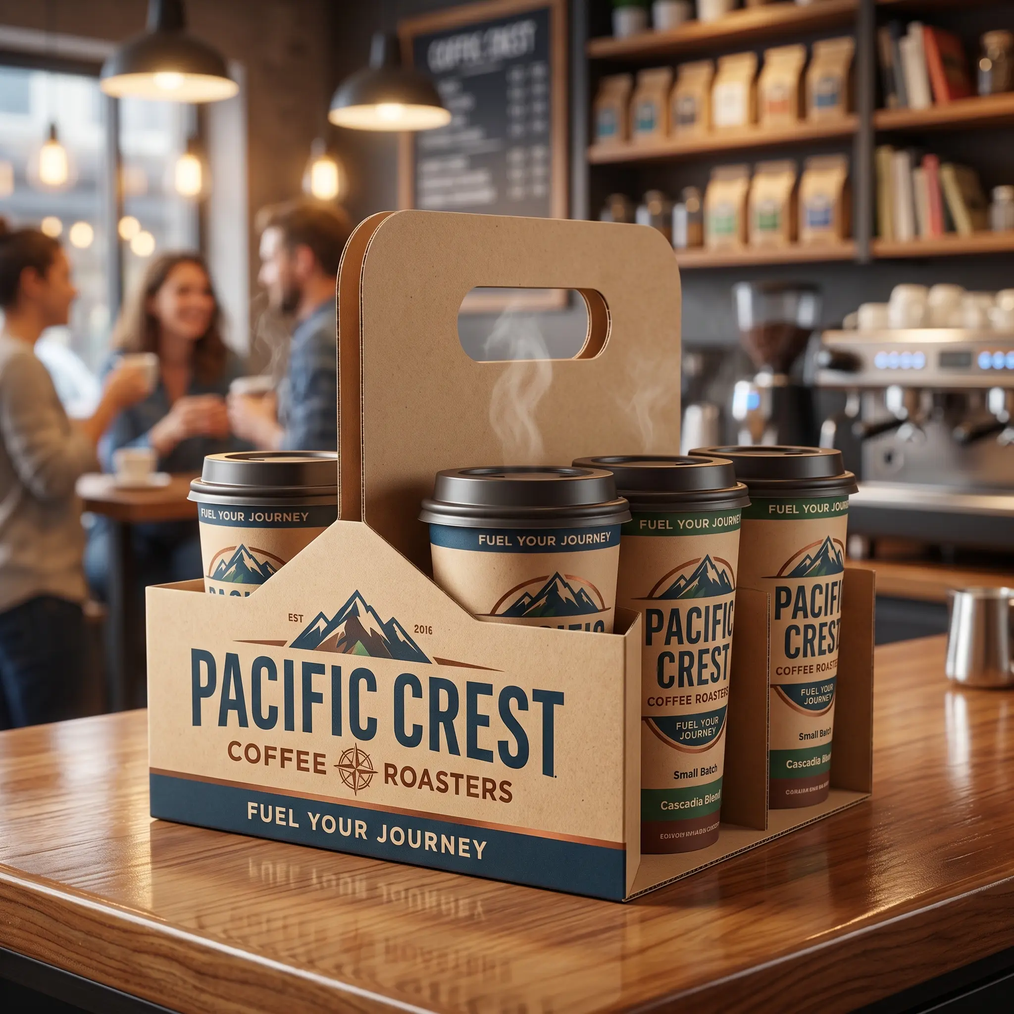 Pacific Crest Coffee Roasters cardboard carrier holding four coffee cups on wooden table in warm cozy cafe setting