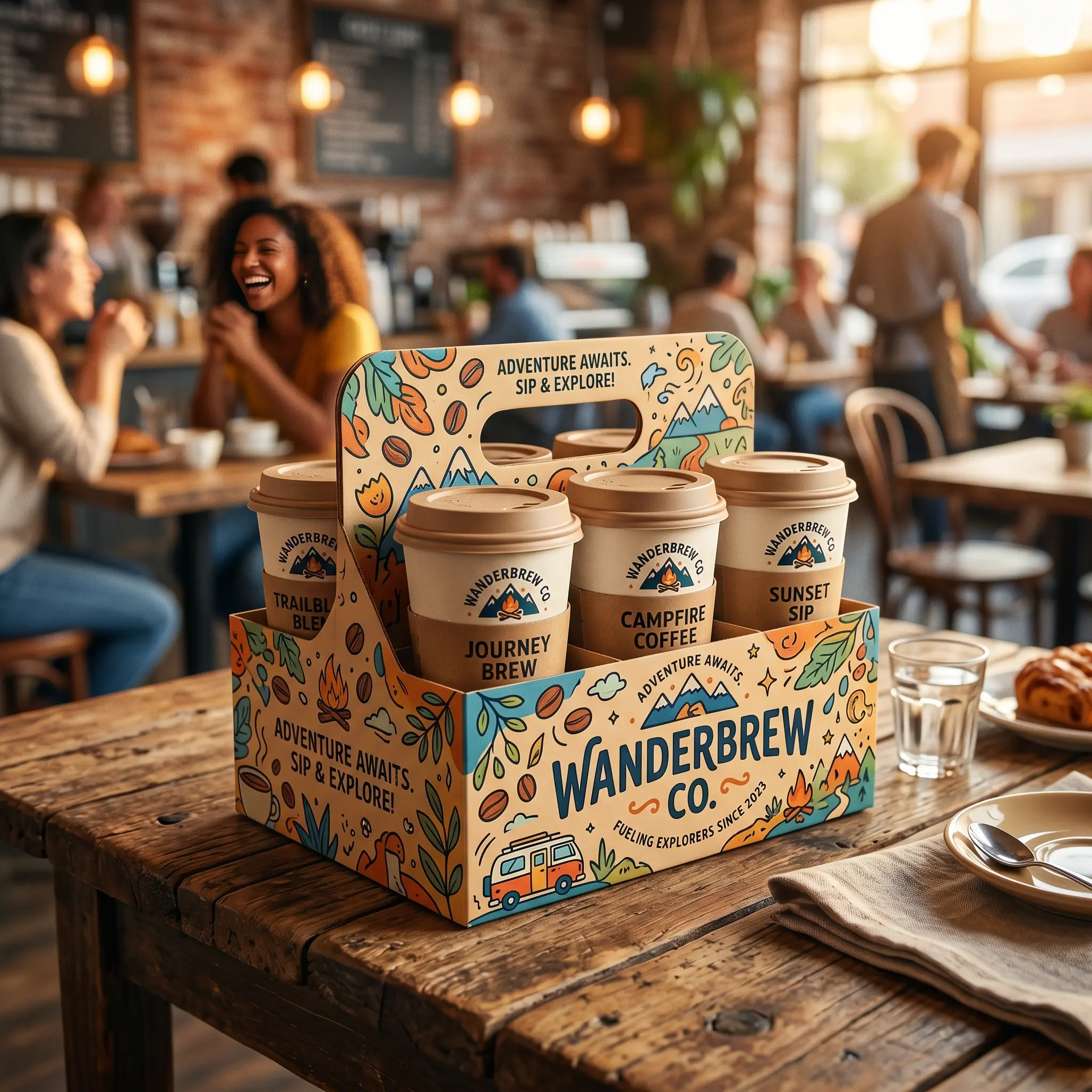 WanderBrew Co. coffee packaging design with adventure-themed graphics in cafe setting, featuring colorful takeaway cups and branded carrier