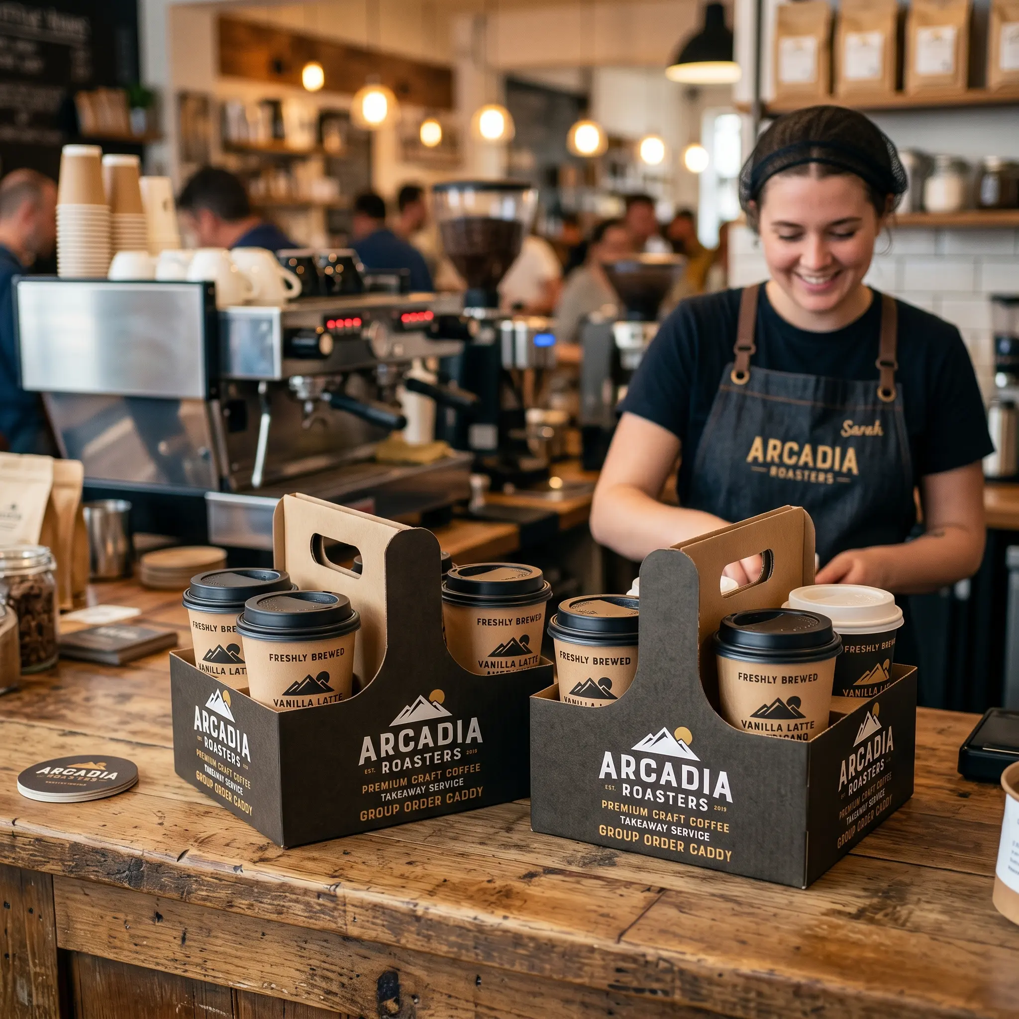 Smiling barista Sarah arranging Arcadia Roasters coffee takeout carriers with vanilla latte cups in modern cafe with warm lighting and espresso mac...