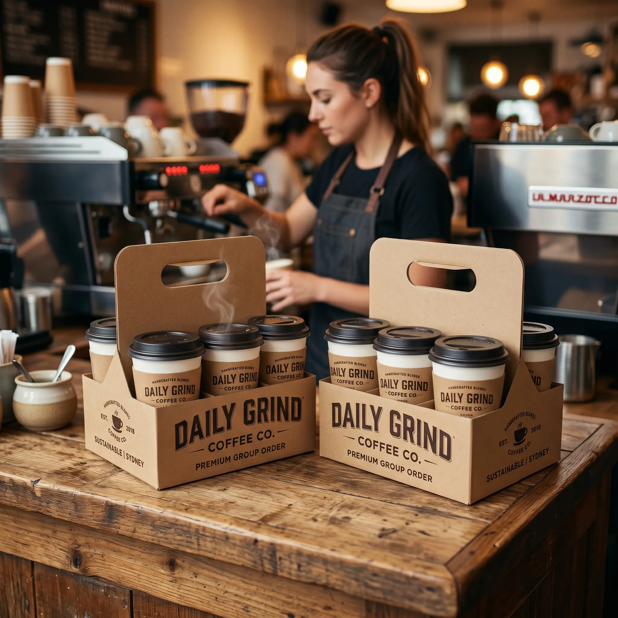Coffee shop barista preparing orders behind cardboard takeaway carriers labeled Daily Grind Coffee Co on rustic wooden counter