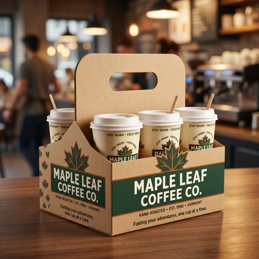 Cardboard coffee carrier holding four white cups with Maple Leaf Coffee Co. branding in cafe setting with warm lighting