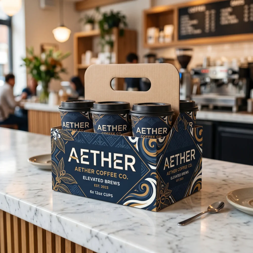 Premium coffee packaging design with navy blue gold accents in modern cafe setting, 6-pack carrier with marble counter