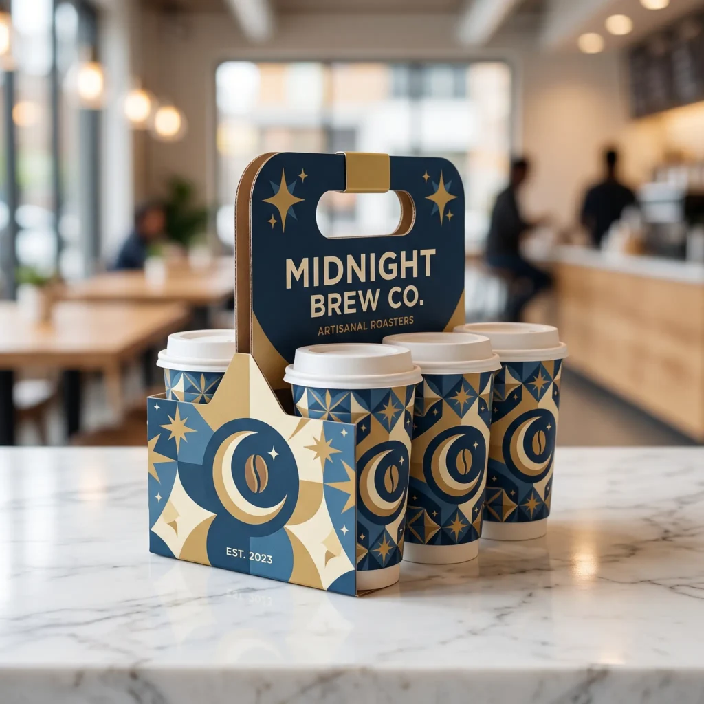 Coffee cup carrier packaging design for Midnight Brew Co with navy blue and gold branding, artisanal coffee cups on marble counter