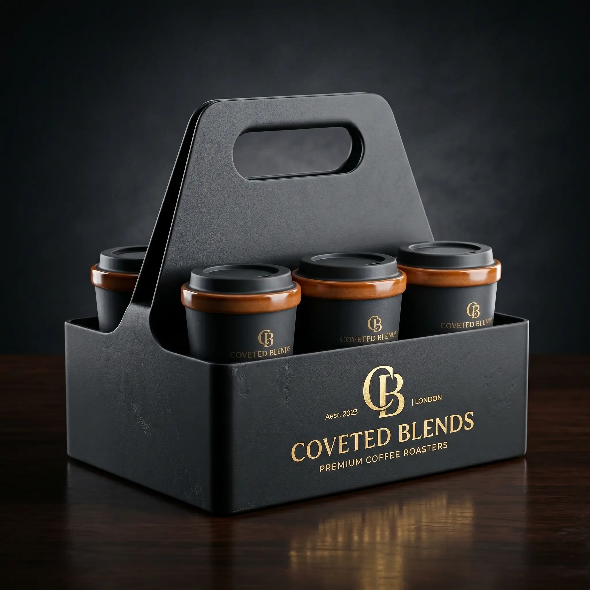 Premium black coffee packaging carrier with six cups featuring Coveted Blends branding and elegant gold lettering on dark background