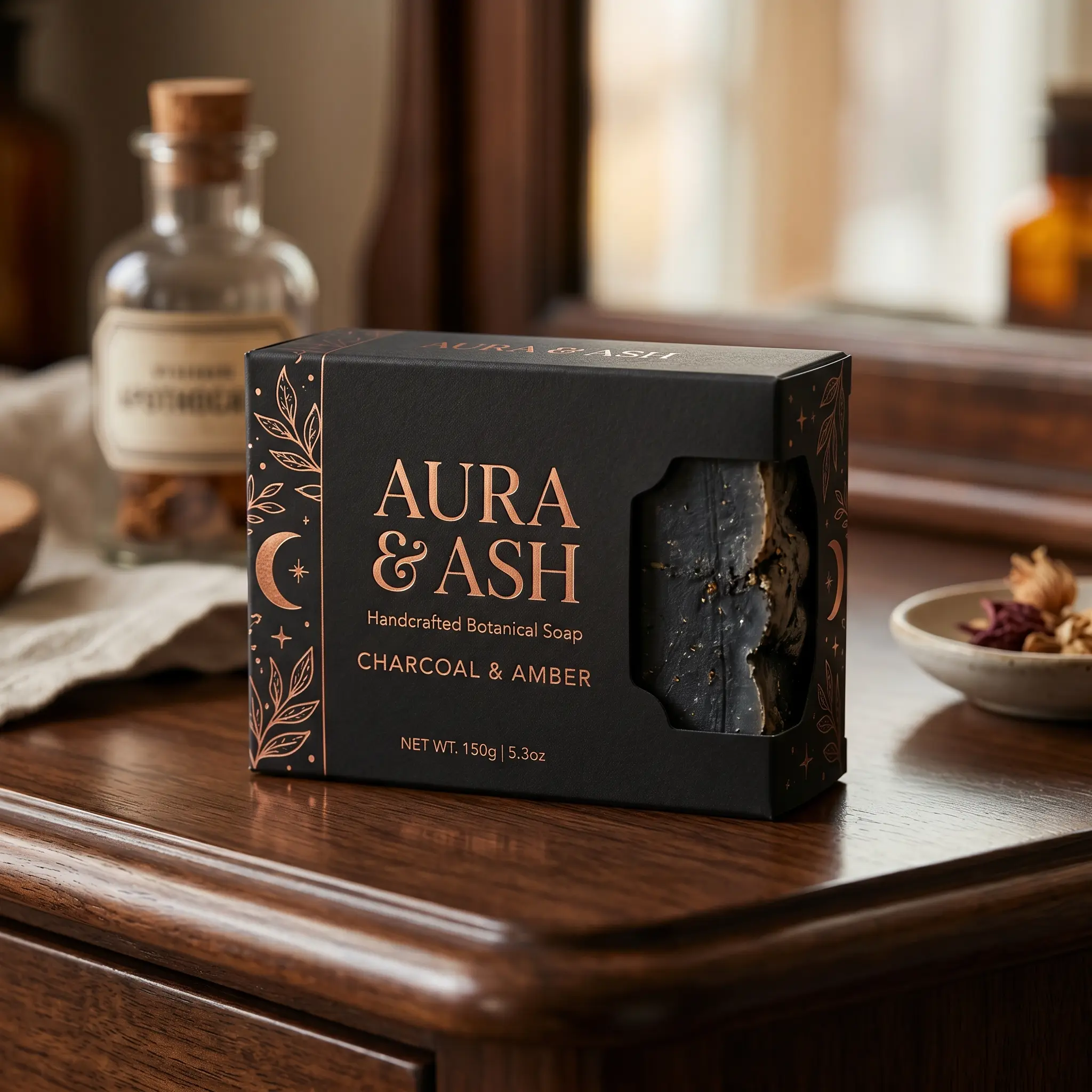 Luxury black soap packaging box with copper foil design for Aura & Ash charcoal amber botanical soap on wooden surface