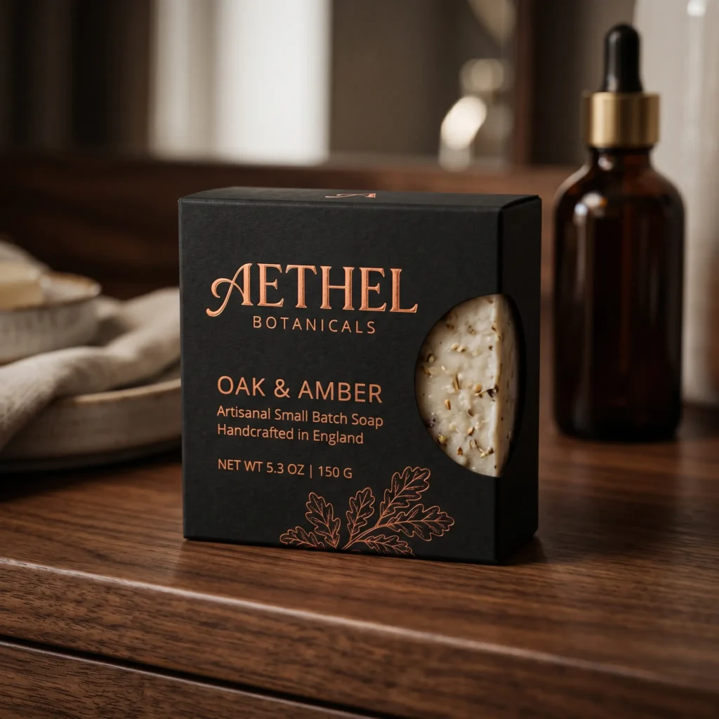 Aethel Botanicals Oak & Amber artisanal soap in dark packaging on wooden surface with amber dropper bottle background