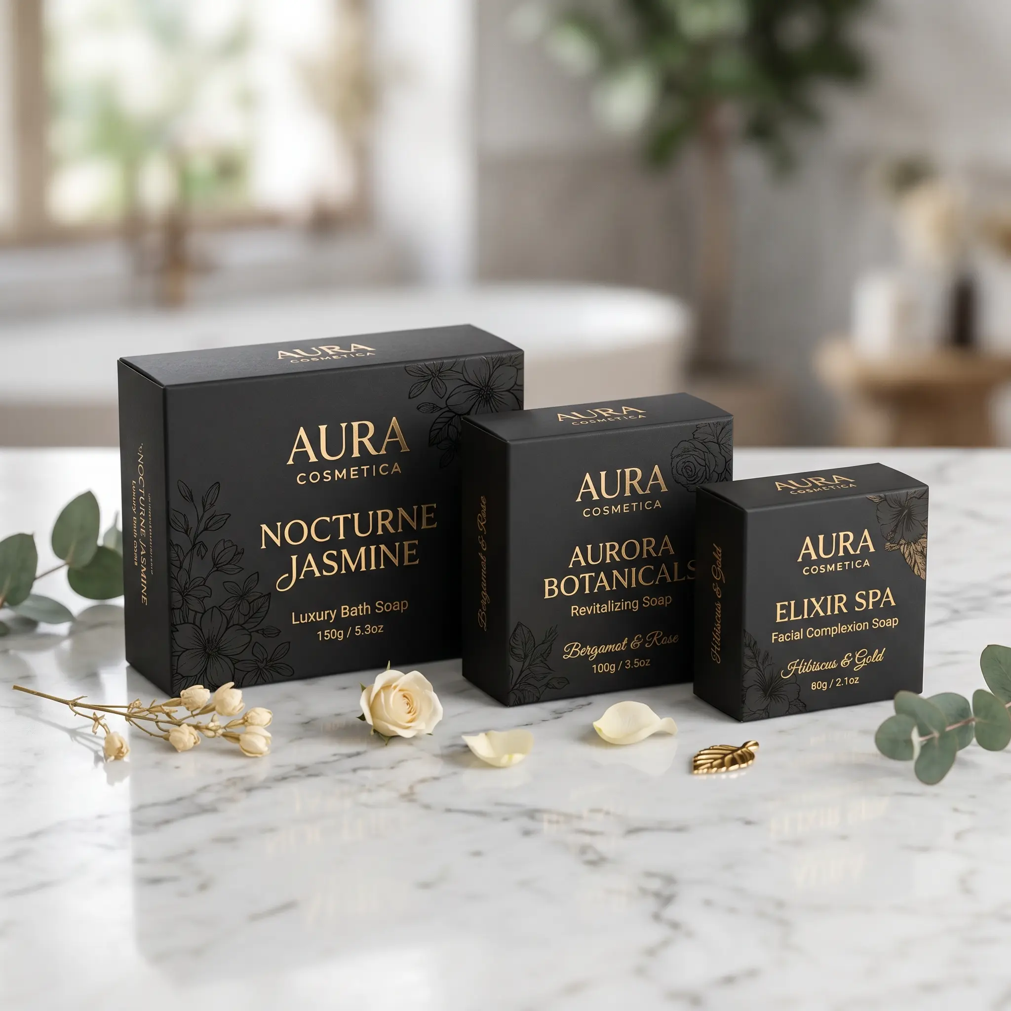 Three elegant black luxury soap boxes from Aura Cosmetica featuring Nocturne Jasmine, Aurora Botanical, and Elixir Spa displayed on white marble wi...