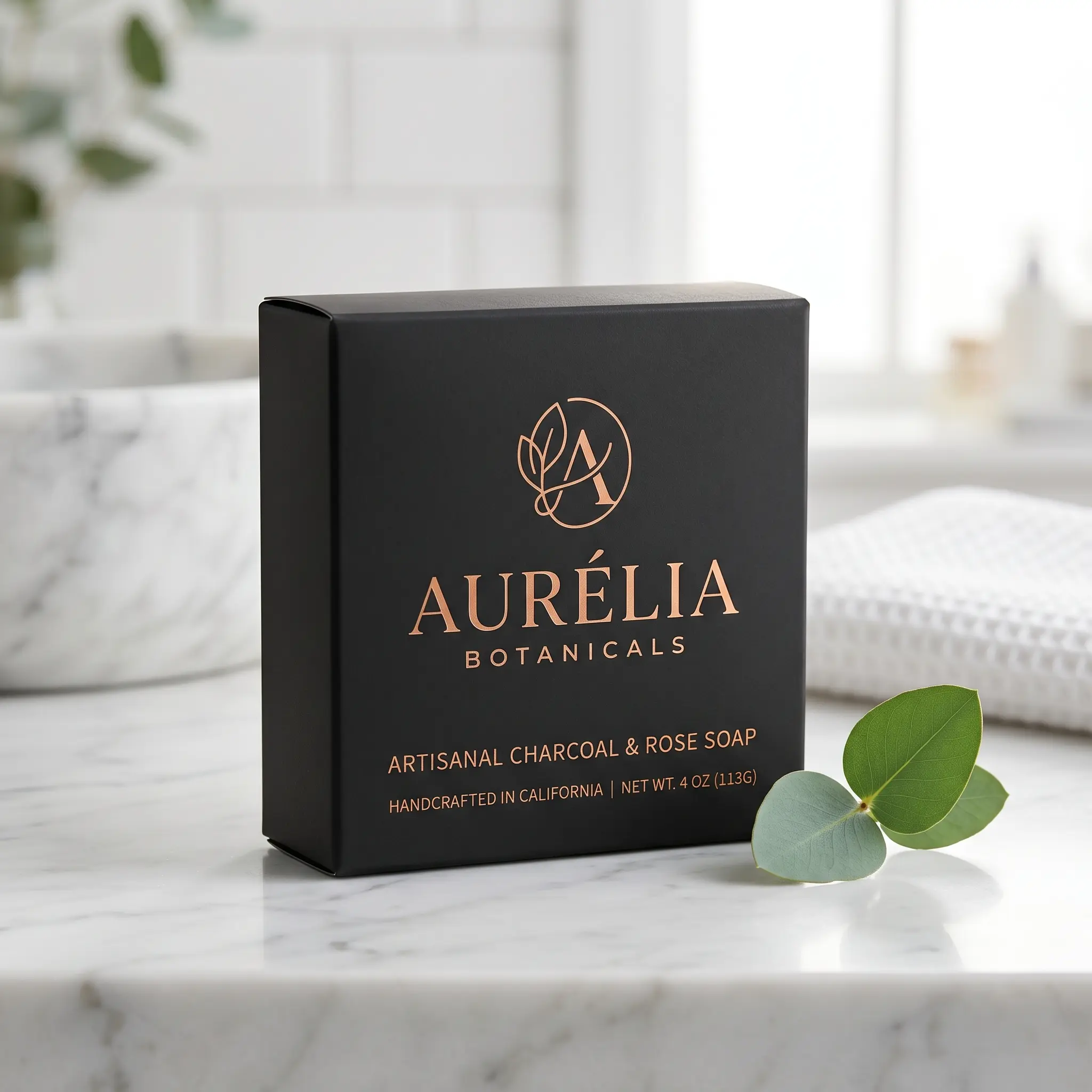 Luxury black packaging box for Aurélia Botanicals artisanal charcoal rose soap on white marble counter with eucalyptus leaves