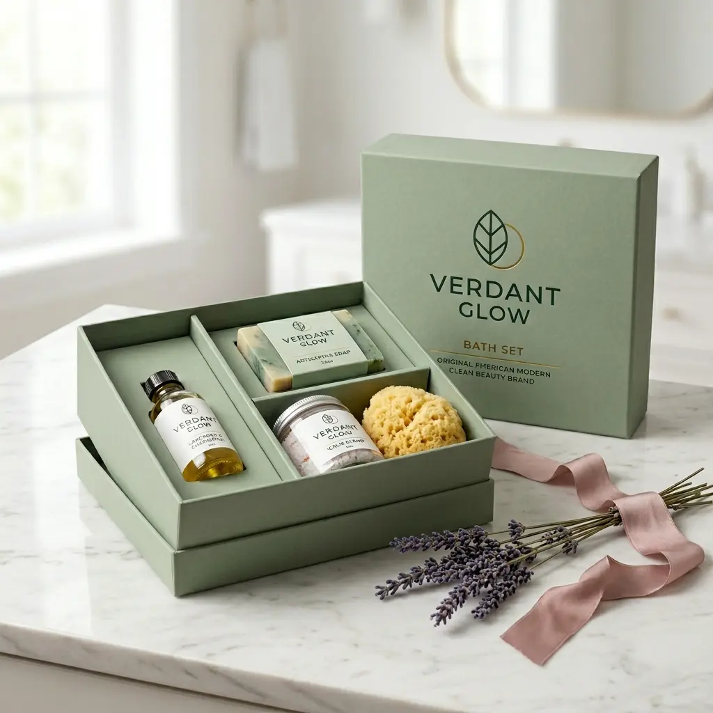 Verdant Glow luxury bath set gift box with eco-friendly skincare products, lavender sprigs, and pink ribbon on white marble surface