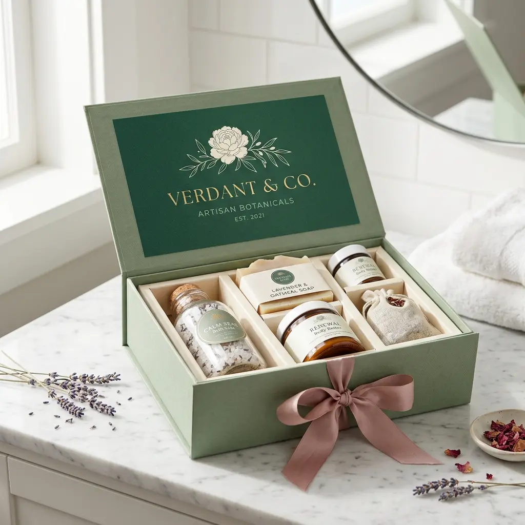 Luxury green gift box with sage botanical products, pink ribbon, lavender sprigs on white marble surface for artisan skincare packaging
