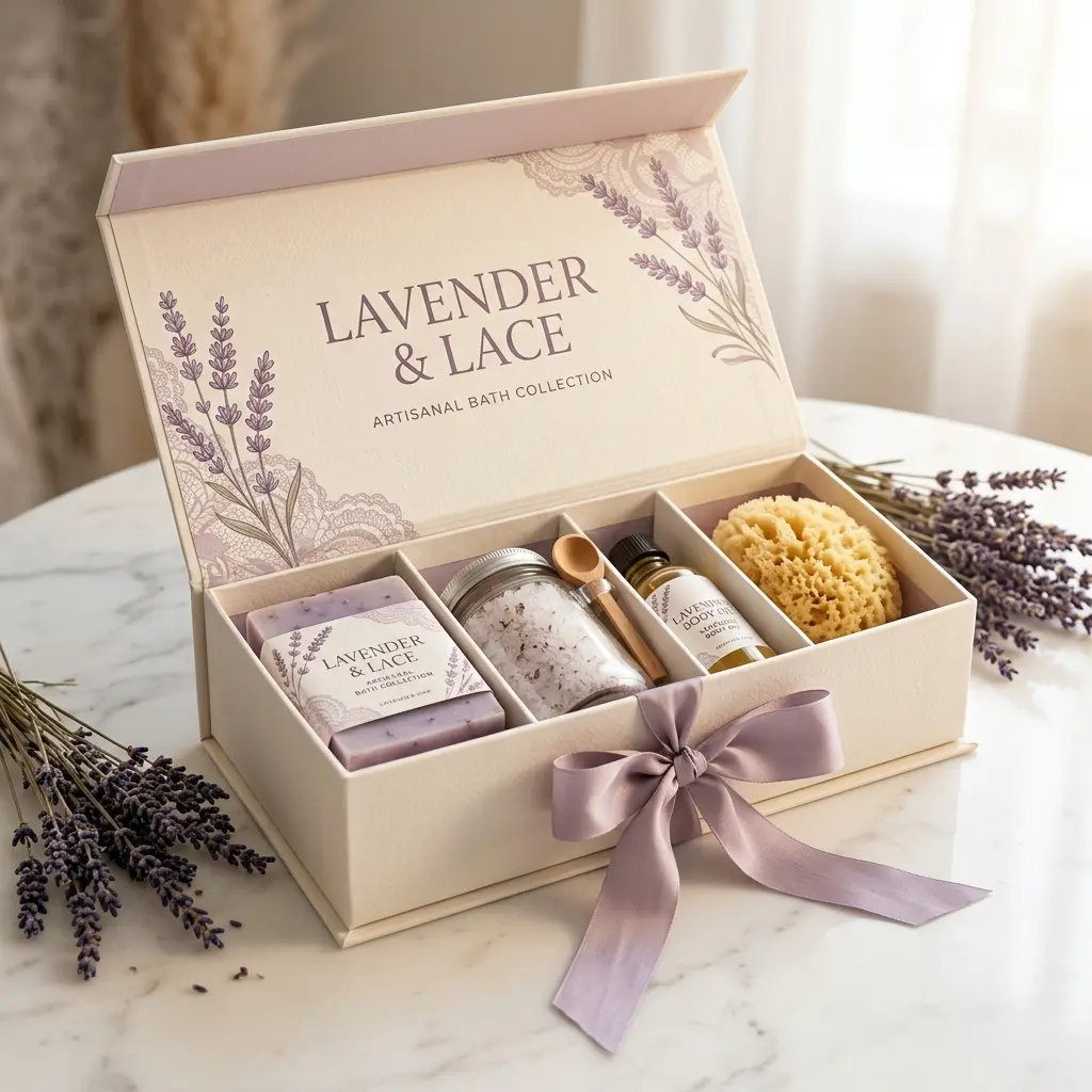 Luxury lavender bath gift set in elegant cream box with purple ribbon, featuring artisanal soaps, oils and natural sponge on marble surface