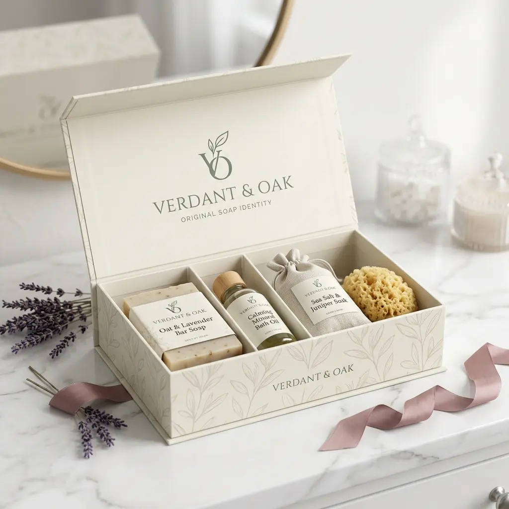Luxury white Verdant & Oak soap gift box set with lavender, bath oil, sea salt scrub and natural sponge on marble surface