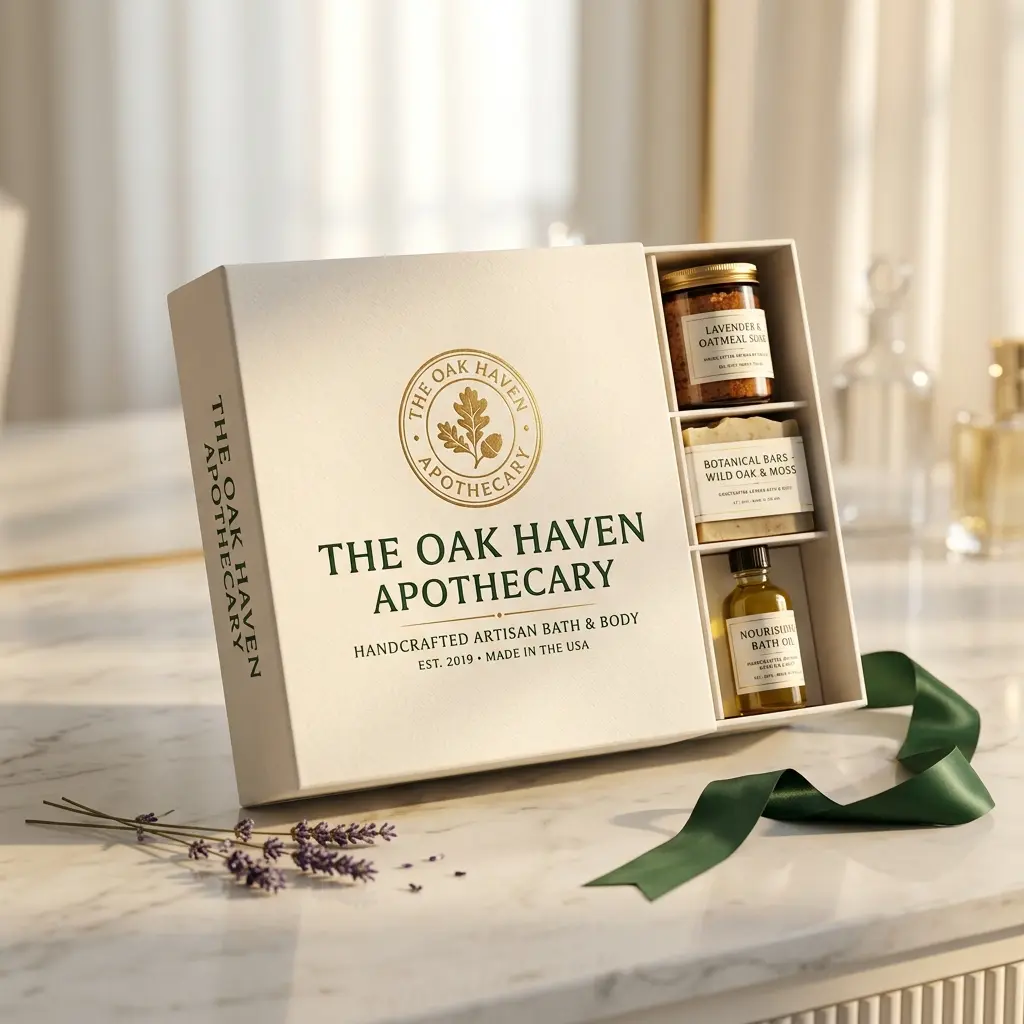 Luxury spa gift box from The Oak Haven Apothecary with lavender oatmeal scrub, botanical soap bars, and nourishing bath oil on white marble surface...