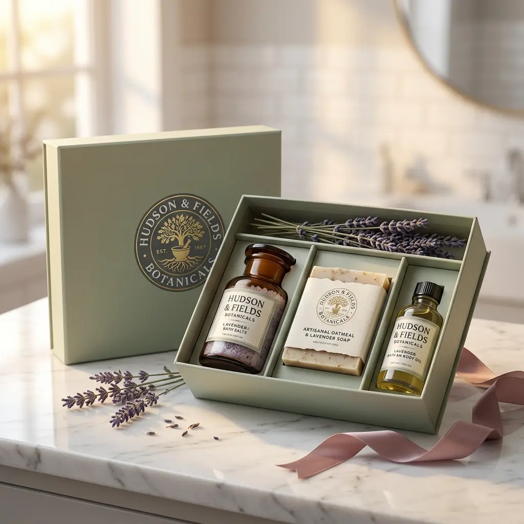 Hudson & Fields botanical gift box with lavender bath salts, oatmeal soap, and bath oil on marble surface with dried lavender sprigs