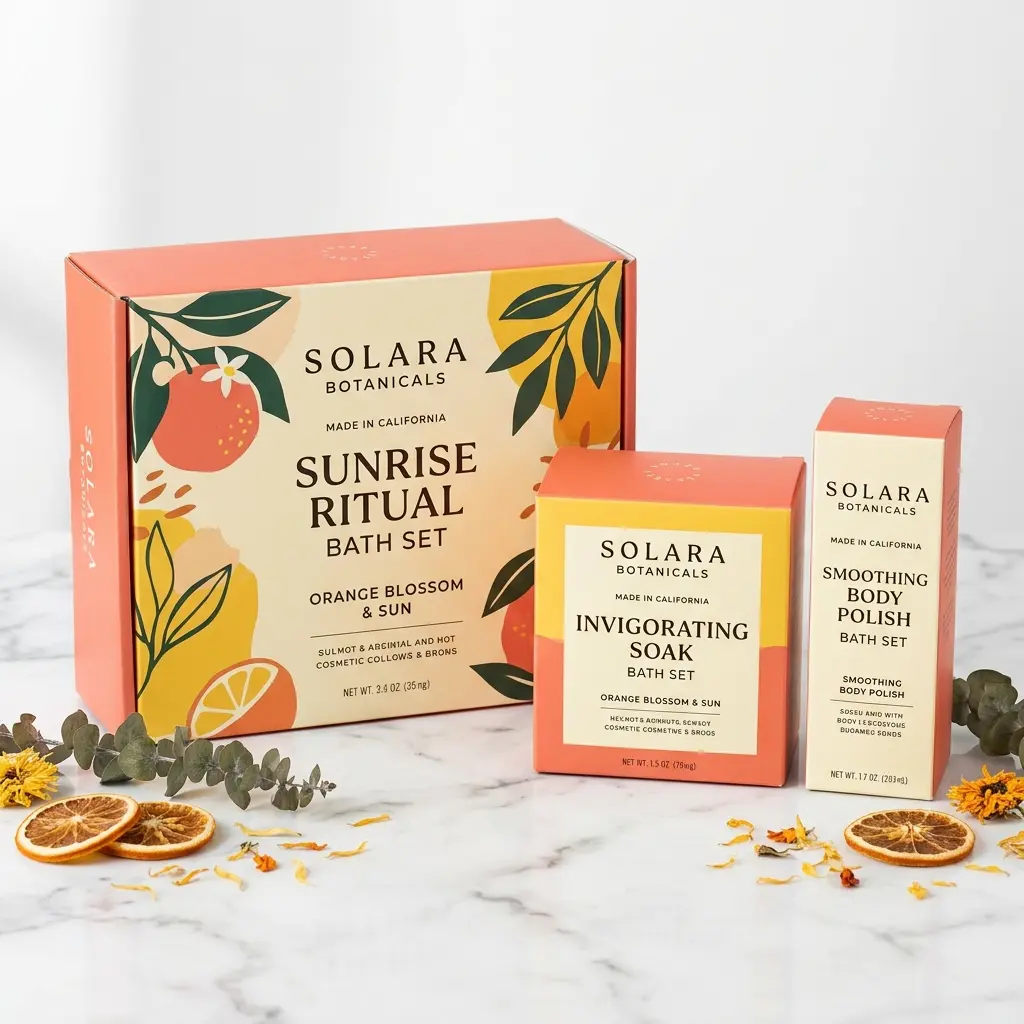 Solara Botanicals orange blossom bath sets with coral packaging, dried orange slices, and eucalyptus on marble surface