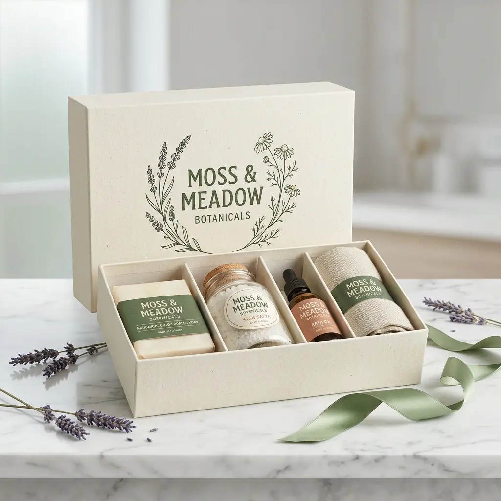 Moss & Meadow Botanicals luxury spa gift set with handmade soap, bath salts, oil and towel in cream box with lavender