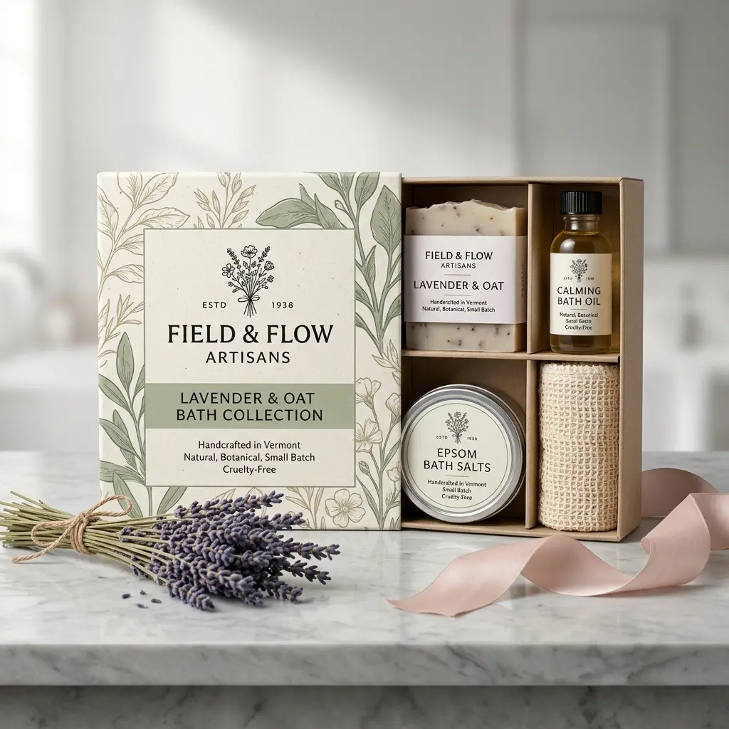 Field & Flow Artisans lavender oat bath collection gift set with soap, bath oil, epsom salts and loofah on marble surface