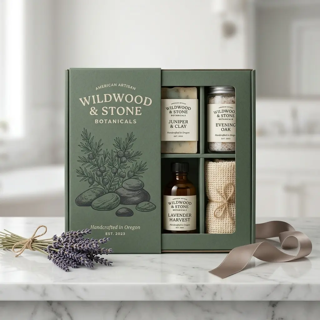 Wildwood & Stone Botanicals gift set with sage green packaging, bath salts, essential oil, and lavender on marble surface