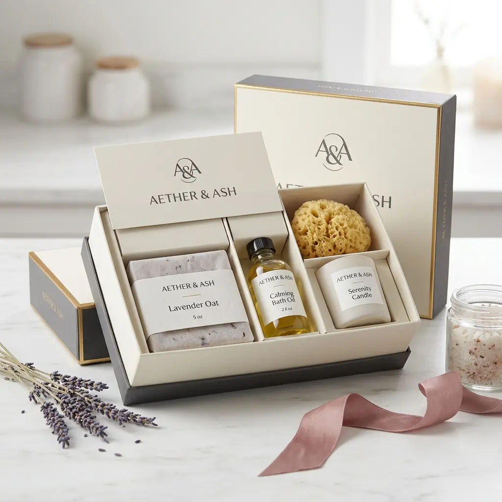 Luxury Aether & Ash spa gift set with lavender soap, bath oil, candle and sponge in elegant white packaging box