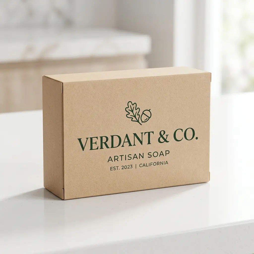 Kraft paper soap packaging box for Verdant & Co artisan soap on white bathroom counter with soft natural lighting