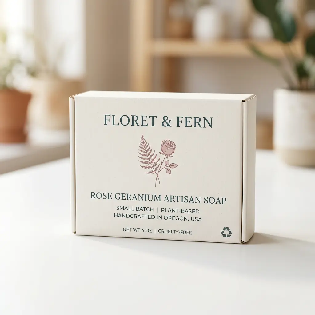 Rose geranium artisan soap box by Floret & Fern on white surface with blurred botanical background, handcrafted plant-based skincare packaging