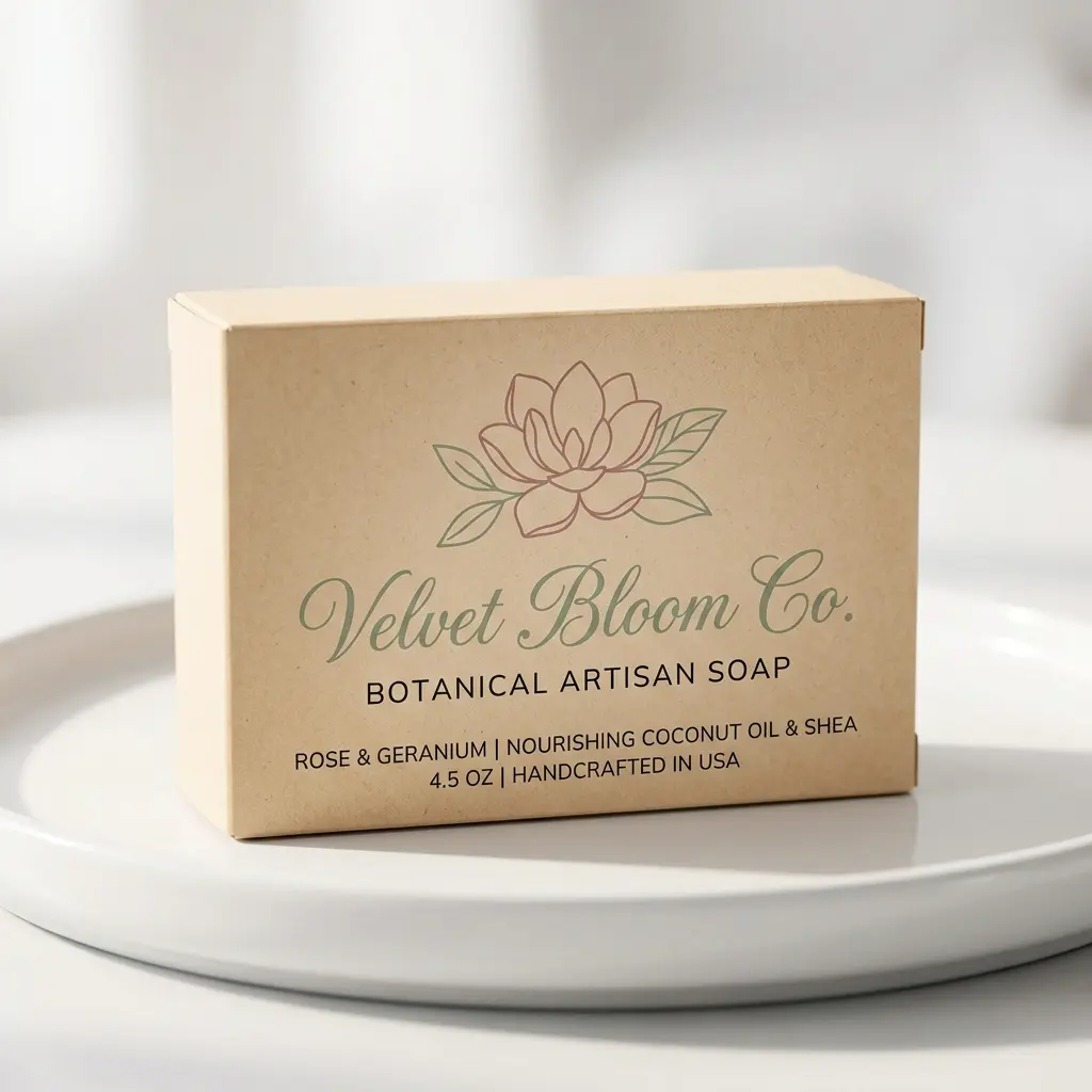 Velvet Bloom Co botanical artisan soap box with rose geranium scent on white plate, elegant beige packaging design
