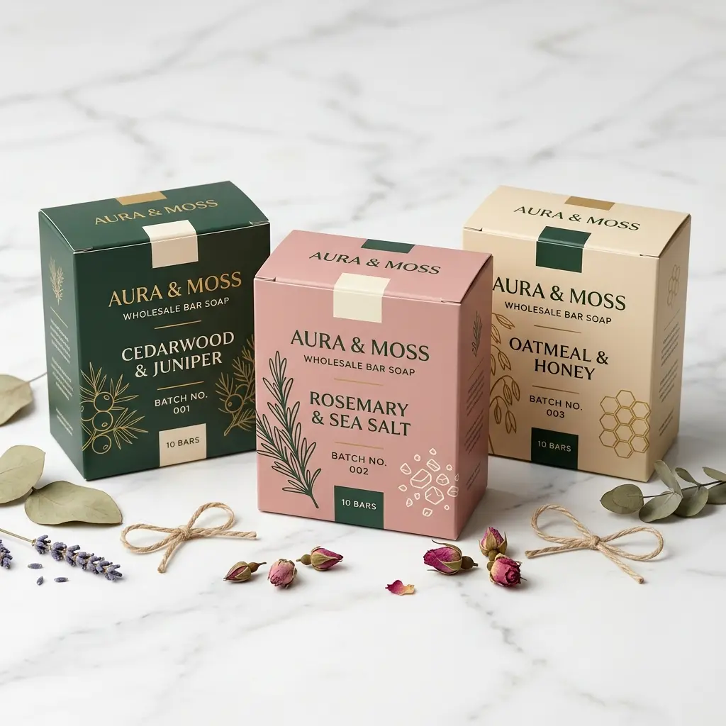 Three colorful wholesale bar soap boxes by Aura & Moss on marble surface with natural ingredients - cedarwood juniper, rosemary sea salt, oatmeal h...