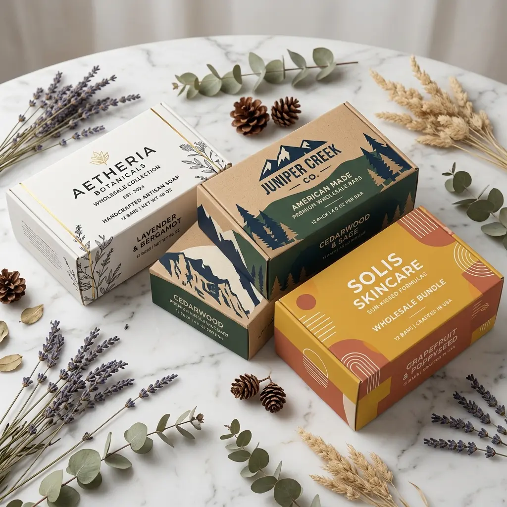 Natural skincare product packaging with botanical elements - lavender, eucalyptus, wheat, pinecones on marble surface showcasing eco-friendly soap ...