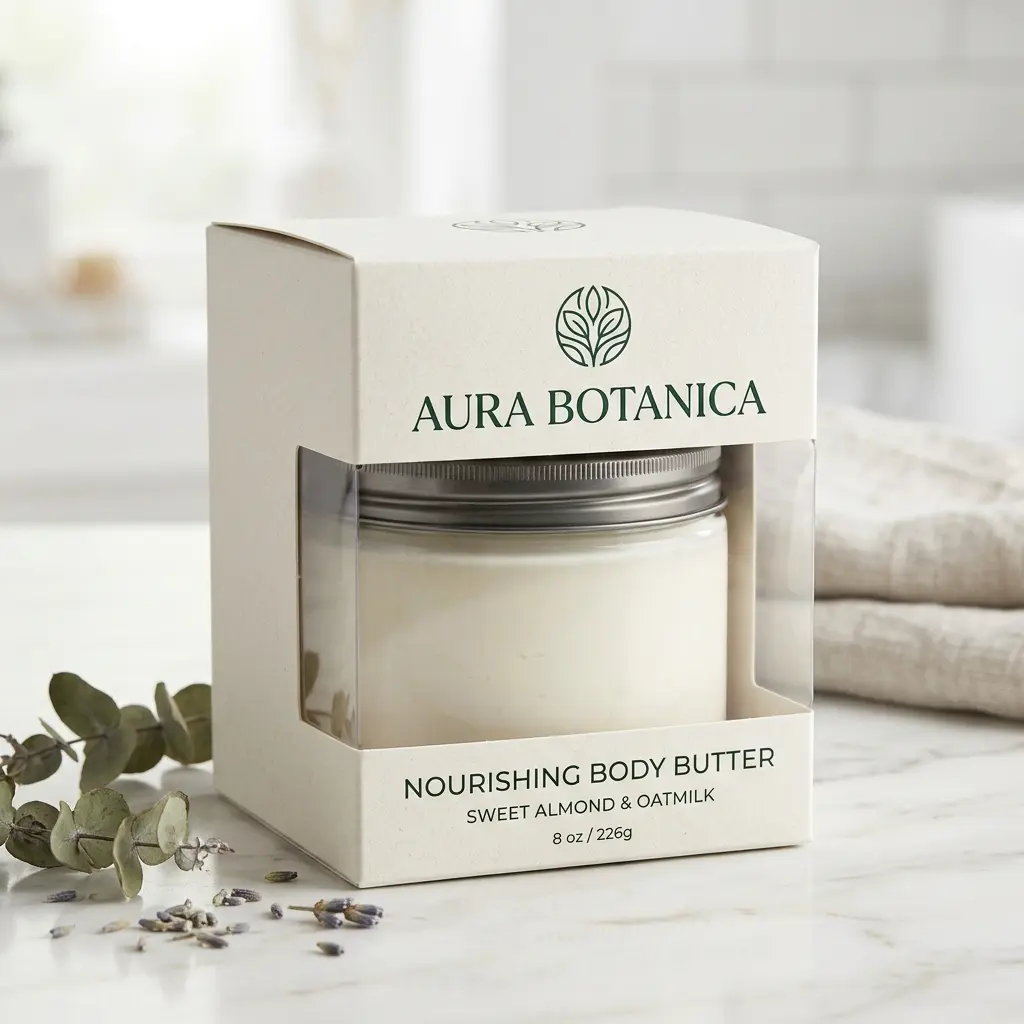 Aura Botanica nourishing body butter in white packaging with eucalyptus and lavender on marble surface with towels
