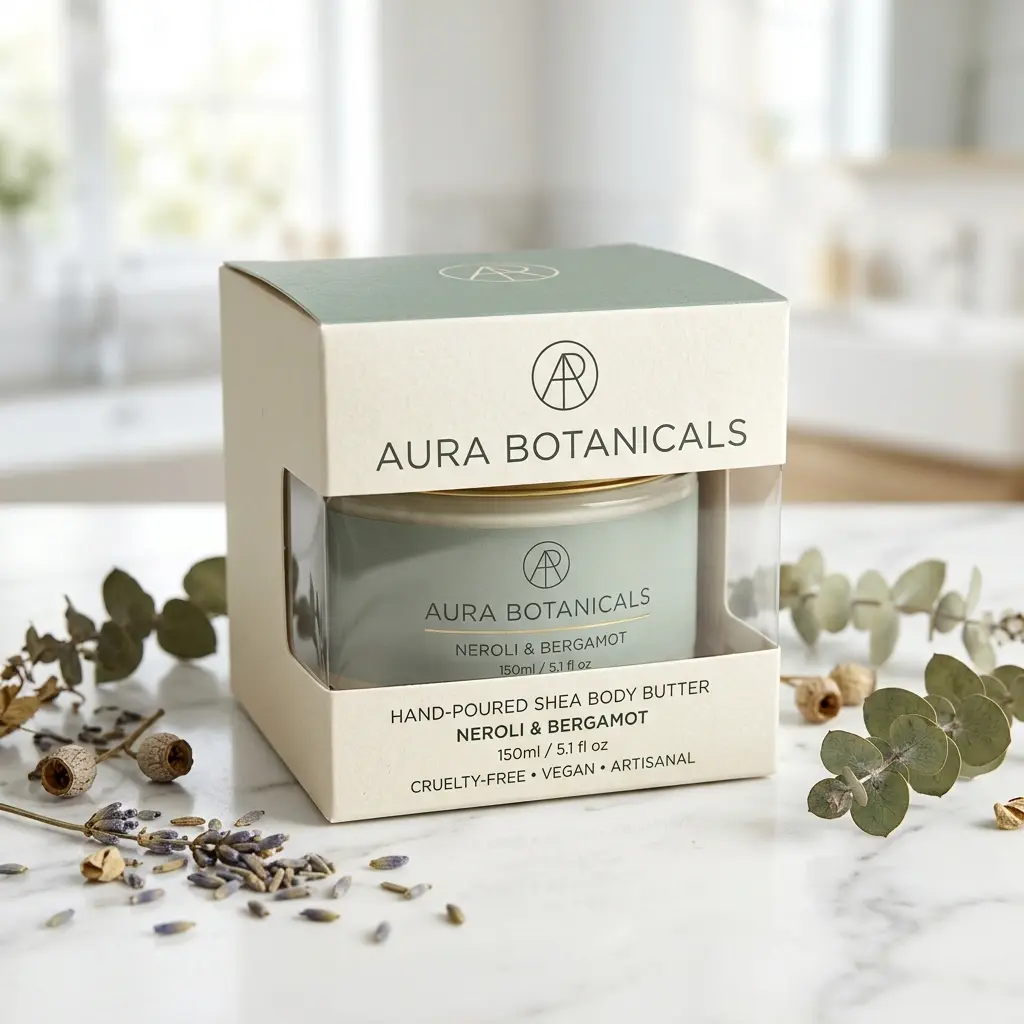 Aura Botanicals shea body butter packaging in sage green and cream with eucalyptus leaves and lavender buds on marble surface