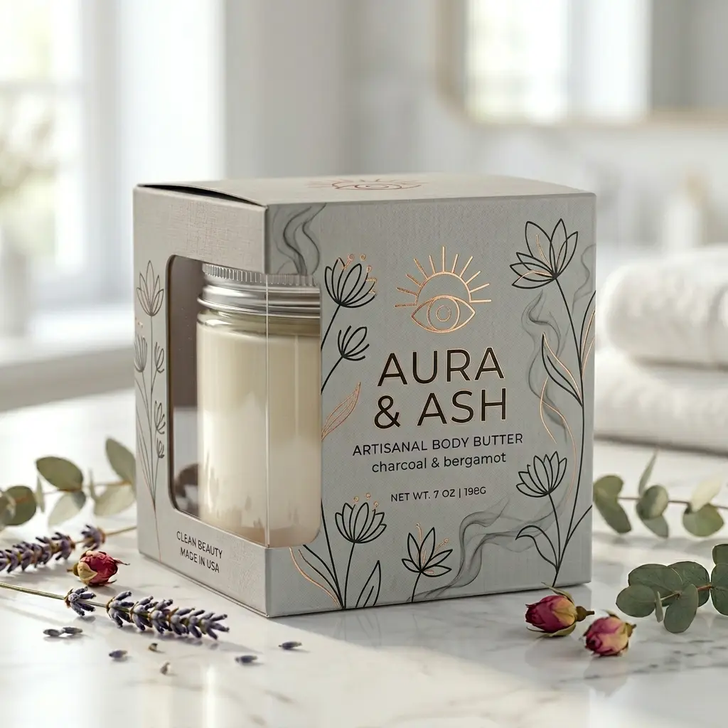 Artisanal body butter jar in elegant gray packaging box with botanical illustrations, surrounded by lavender sprigs and rose buds on white marble s...